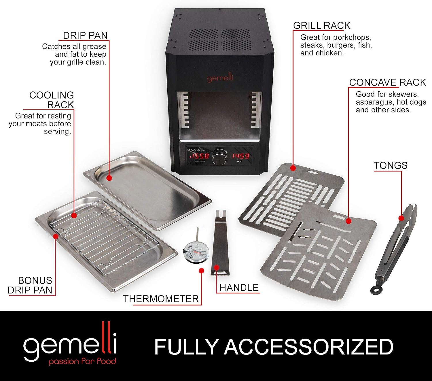 Gemelli Home™ Gourmet Steak Grille (1600 Watt), Steakhouse Quality, Infrared Ceramic Superheating Up to 1560 Degrees, Indoor Electric Infrared Grill and Sear Station, Stainless Steel Accessories