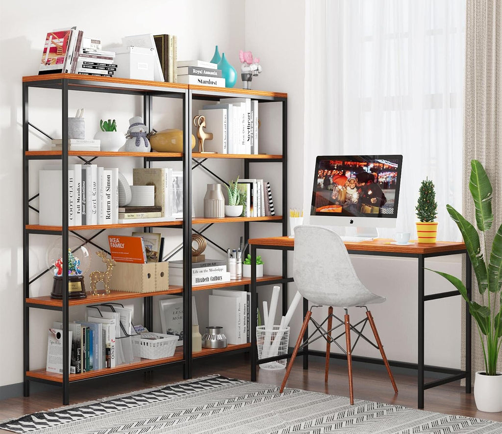 Himimi Industrial Bookshelf 5-Tier Set of 2, Bookcase 58' H Ladder Shelf, Storage Shelves Rack Shelf Unit, Accent Furniture Metal Frame, Home Office Furniture, Vintage Brown（2PCS）