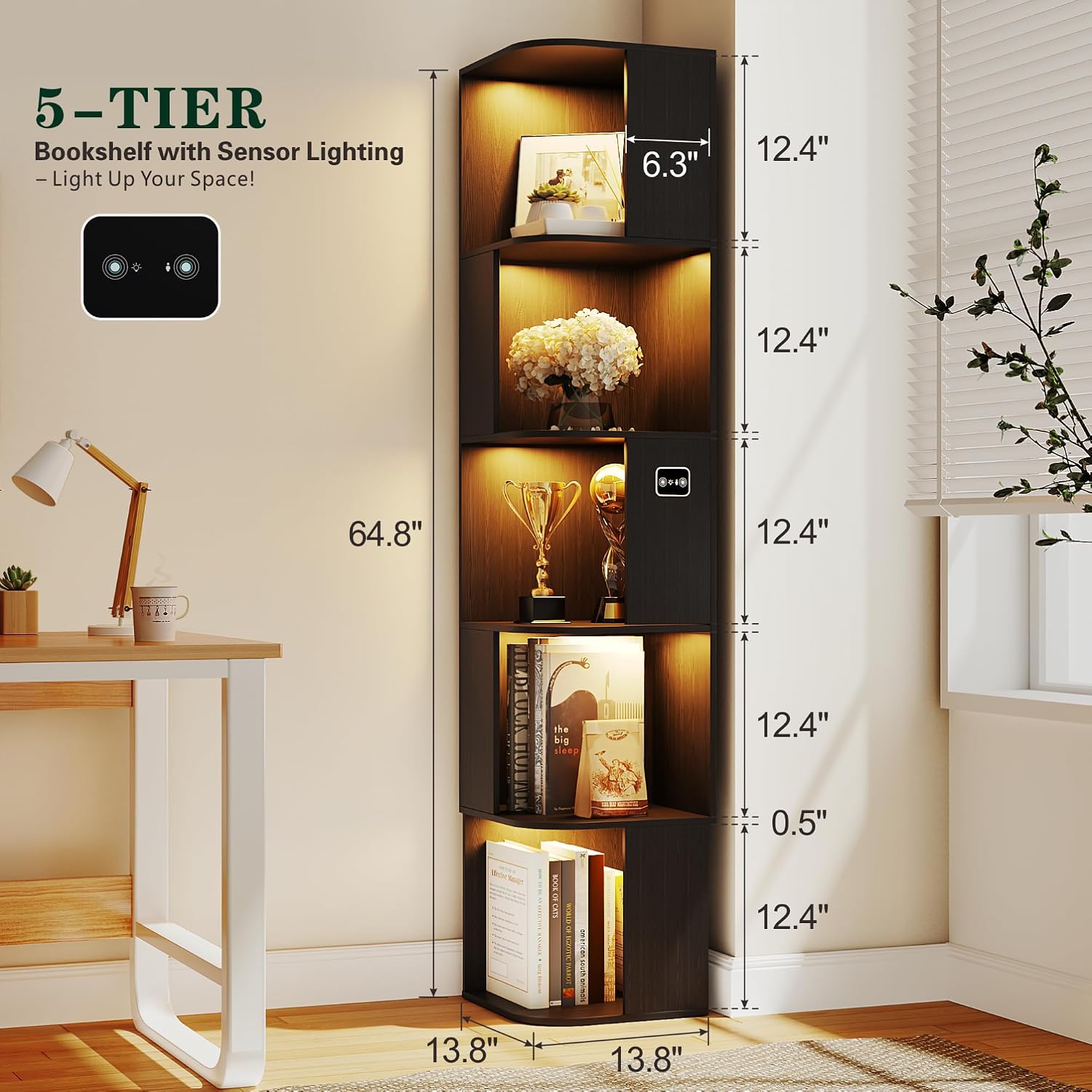 5 Shelf Bookcase - Corner Bookshelf with 3 Colors LED Sensor Lights Modern Cube Storage Organizer for Lego Books Living Room Study Bedroom - Ideal Gift (Black)
