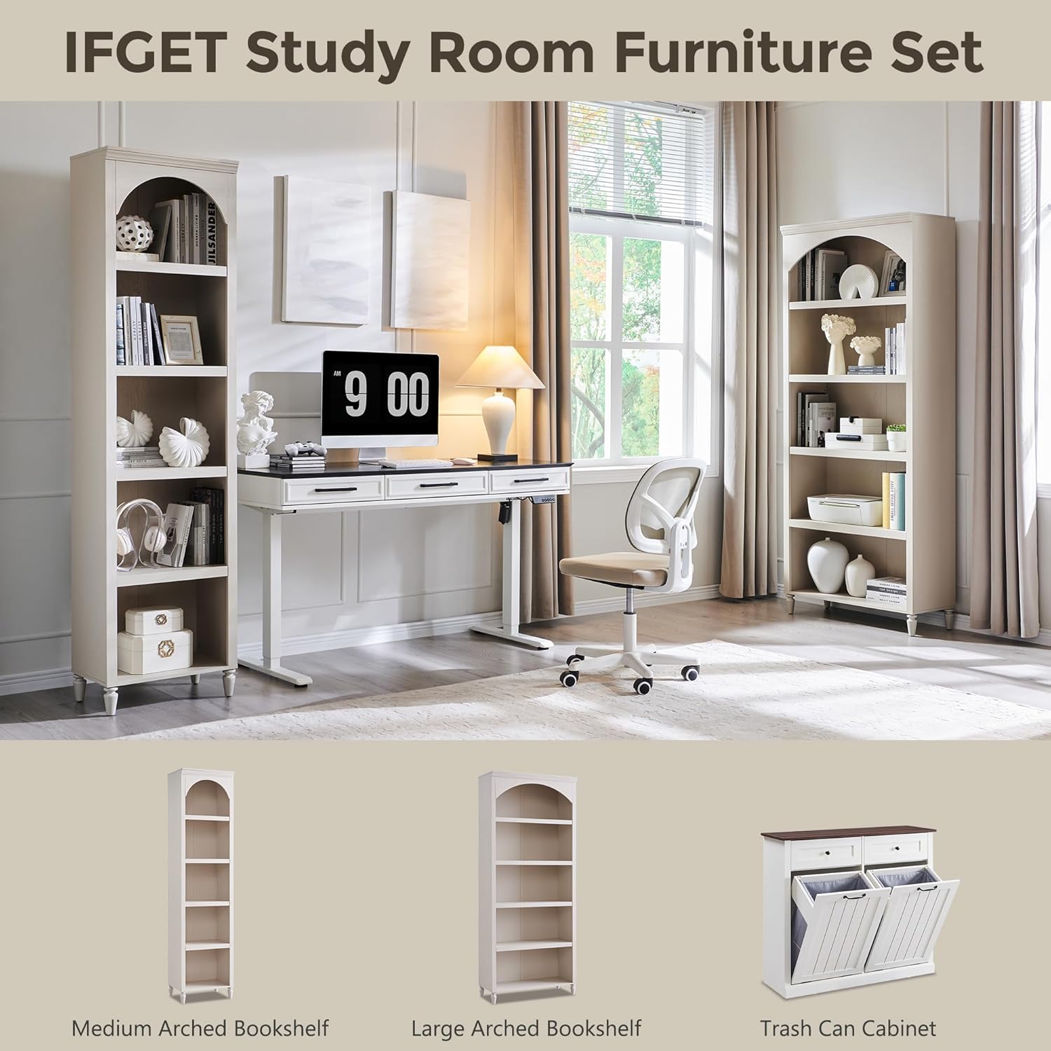 IFGET 76' Tall Arched Bookcase, Farmhouse 5 Tiers Narrow Arched Bookshelf Cabinet with Adjustable Shelves, Modern Wooden Book Shelf w/Storage and Open Display Shelves for Living Room, Office-Cream