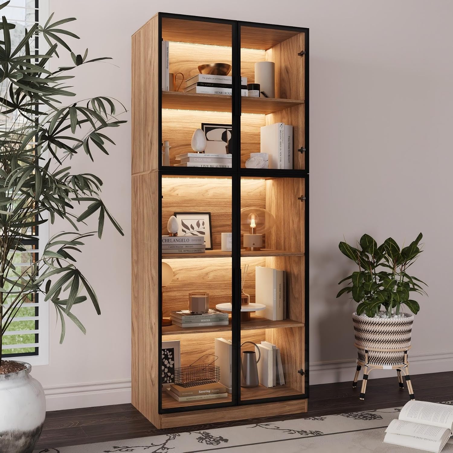 Mekminop Glass Display Cabinet with Lights and Shelves, Modern Display Case Cabinet with Glass Doors and L-Shaped Handle, Freestanding Bookcase for Living Room, Home Office, Walnut