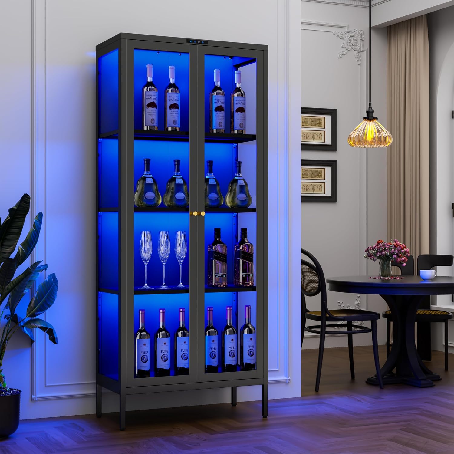Polup Glass Display Cabinet with 8-Color LED Lights, Black Curio Cabinet with Glass Doors, 66 Inch Tall Display Case for Collectibles, Metal Storage Cabinet for Living Room, Assembly Required