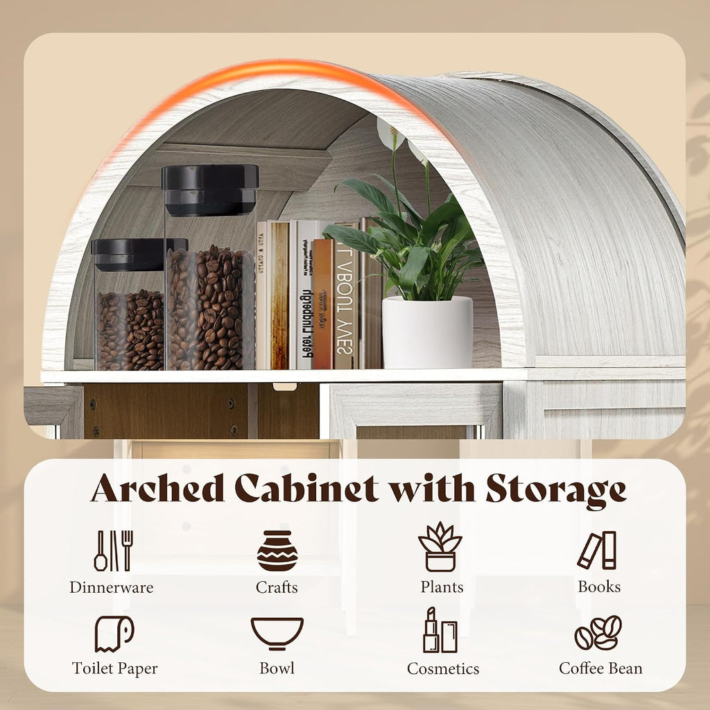 AMERLIFE Set of 2 71' Tall Arched Storage Cabinet with Glass Doors & Drawers, Modern Bookshelf with Adjustable Shelves, Elegant Display Cabinet for Living Room, Kitchen, White