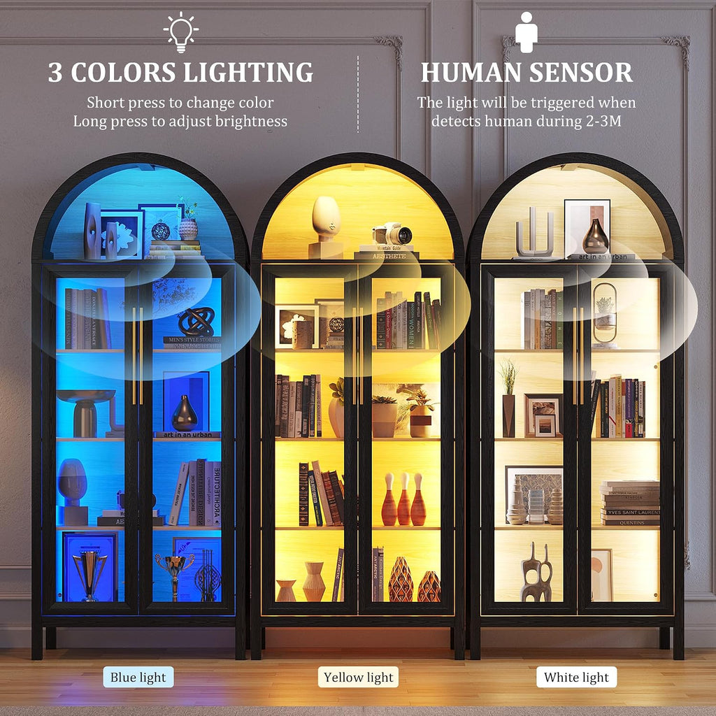 HWB Display Cabinet with Glass Doors, 5-Tier Tall Curio Cabinet with Lights for Collectibles, LED Display Case for Book/Medal/Figure, Black