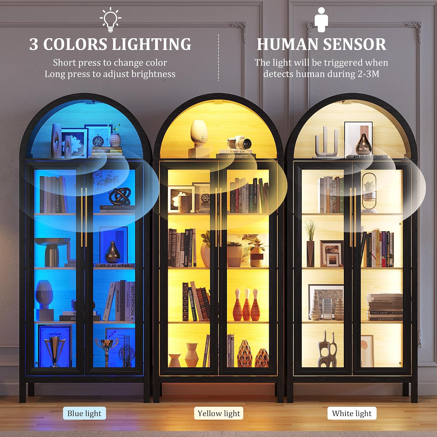 HWB Display Cabinet with Glass Doors, 5-Tier Tall Curio Cabinet with Lights for Collectibles, LED Display Case for Book/Medal/Figure, Black