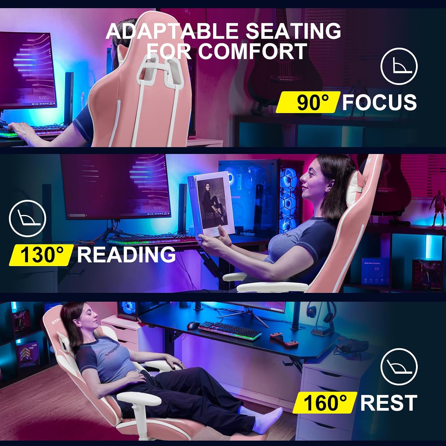 GTPLAYER Gaming Chair with Footrest, Ergonomic Computer Game Desk Chair, Reclining Gamer Chair Seat Height Adjustment, Swivel Rocker with Headrest and Lumbar (Pink)
