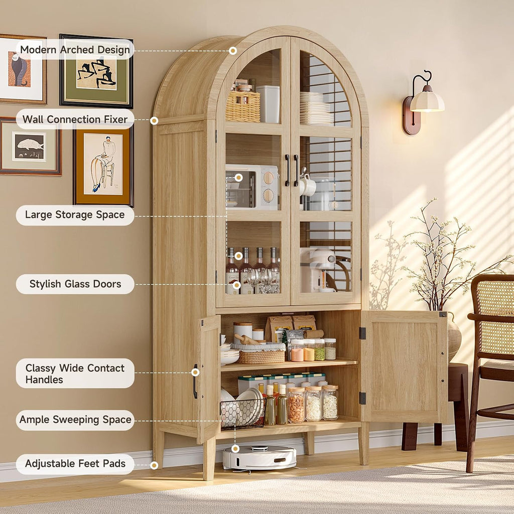ONBRILL 71' Tall Arched Cabinet, 5-Tier Arched Kitchen Pantry with Glass Doors & Shelves, Modern Display Storage Cabinets with Adjustable Feet, Wooden Pantry Cabinet for Living Room, Dining Room