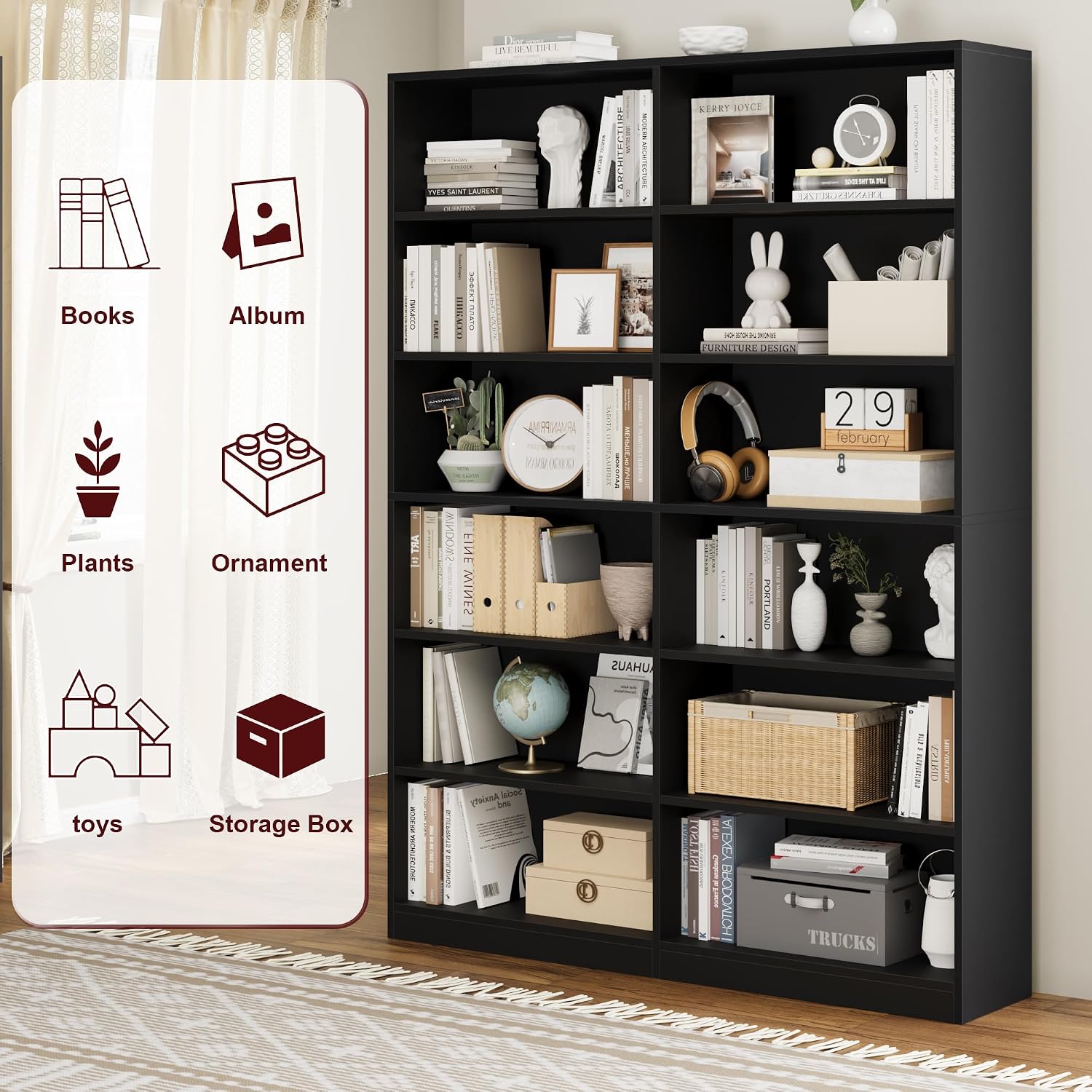 FACBOTALL Bookshelf and Bookcase, 6-Tier Double Wide Bookshelves, Freestanding Display Storage Shelves, Tall Bookcases for Home Decor Bedroom, Living Room, Home Office,Black