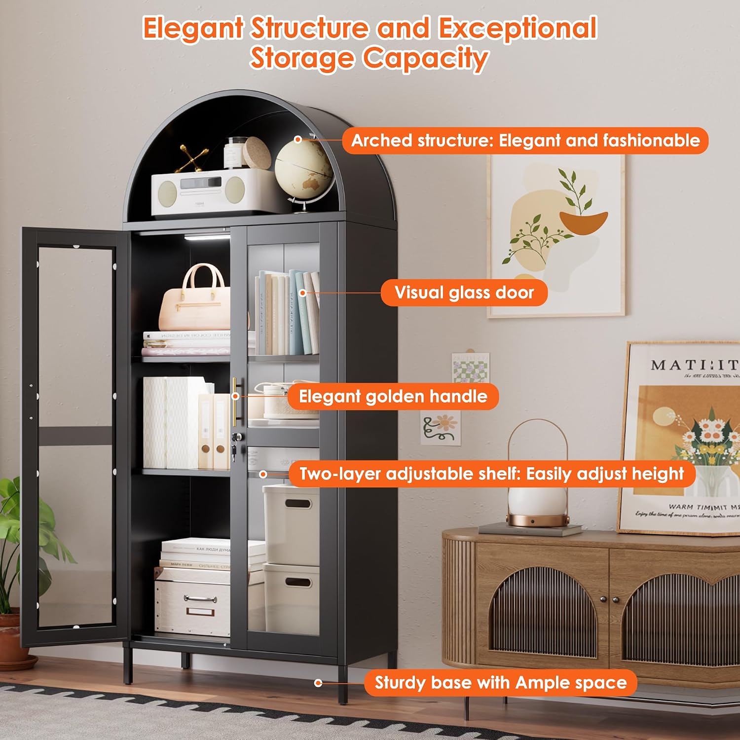 Metal Arched Bookcase Cabinet with 3 LED Strips,Lockable Arched Display Cabinet with Glass Doors for Living Room, Home,Office, Assembly Required (Black)