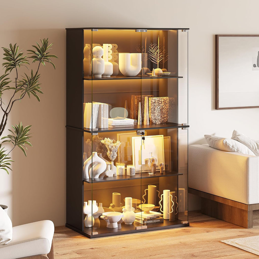 Display Cabinet with Glass Door,Lighted 4-Tier Curio Cabinet with3 Color Lights for Collectibles Bookcases,66' Lockable Display Case with Human Body Sensor,Black
