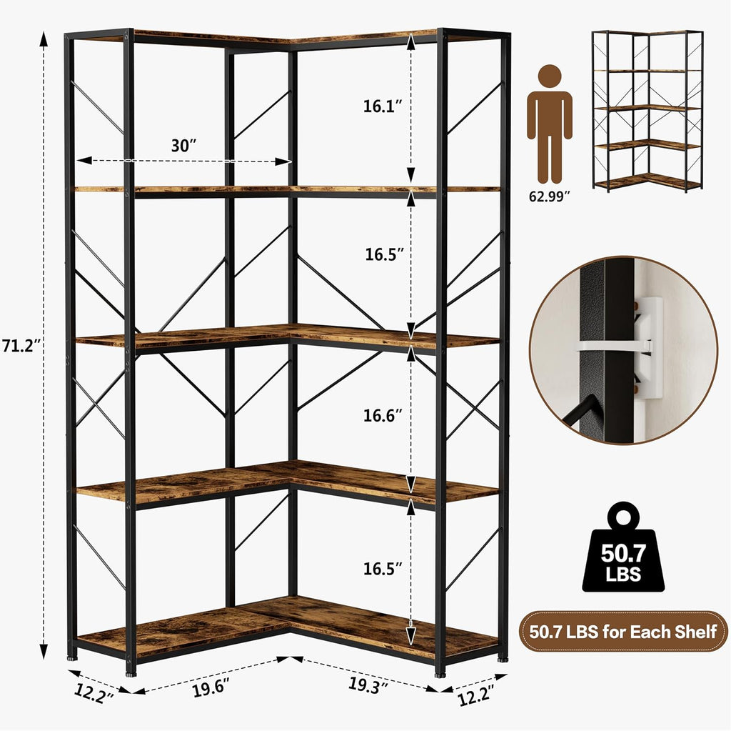 5 Tiers Corner Bookshelf, L-Shaped Bookcase Storage Organizer, Display Shelf Free Standing Book Shelf for Home Office, Living Room, Kitchen, Bedroom, Rustic Brown