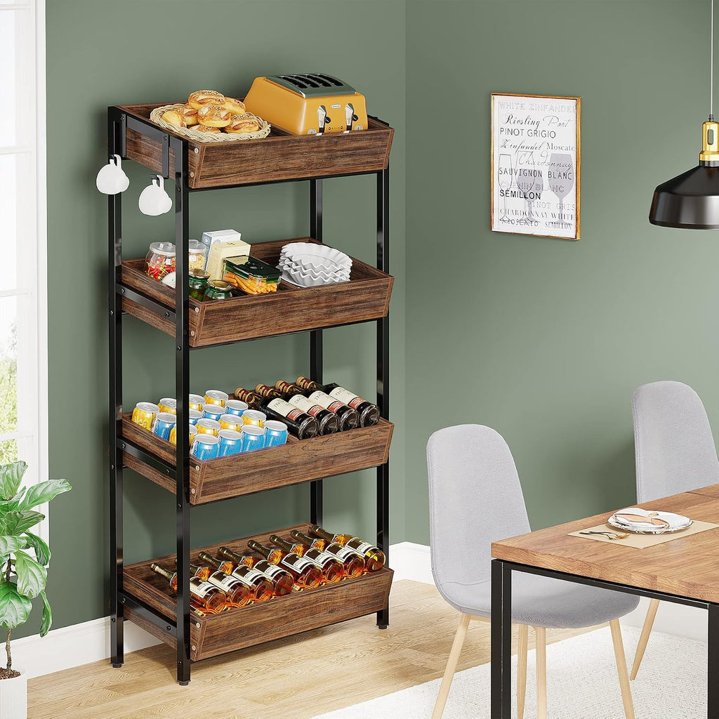 Tribesigns Wood Fruit and Vegetable Basket Stand Rack for Kitchen, Office, Store, Supremarket, Pantry Shelf Unit for Snacks, 4-Tier Wooden Utility Storage Shelves (Brown+Black)