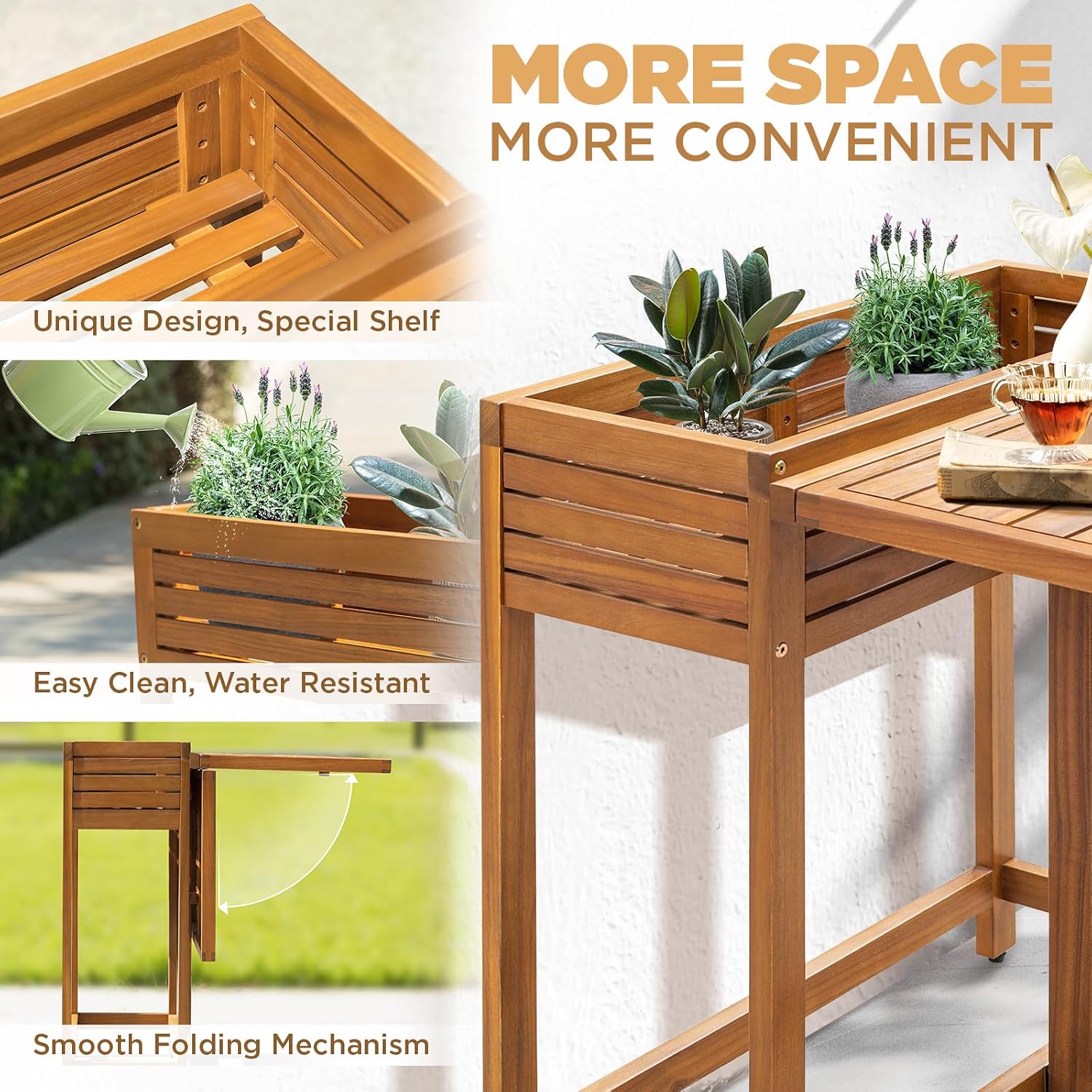 IDZO Natural 3-Piece Bistro Set: Foldable 400lbs Chairs, 220lbs Shelf Table, FSC Acacia Wood, Washable Cushions, Ergonomic Patio Bistro Sets Design