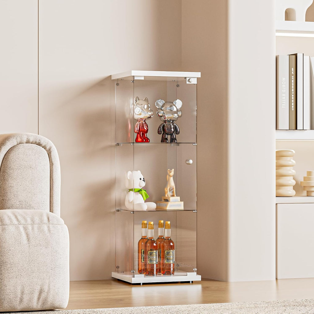 FANYUSHOW 3-Shelf Glass Display Cabinet with Door, Upgraded Quick-Install Style Curio Cabinets 4mm Tempered Glass Floor Standing Bookshelf for Bedroom, Living Room 49.1'x 16.7'x 14.3' White