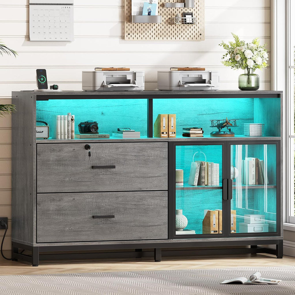 SEDETA 59' File Cabinet, 2 Drawers Filing Cabinets for Home Office fit Legal/Letter/A4 File, File Cabinet with Lock & Power Outlets, Printer Stand with Storage & LED Lights, Grey