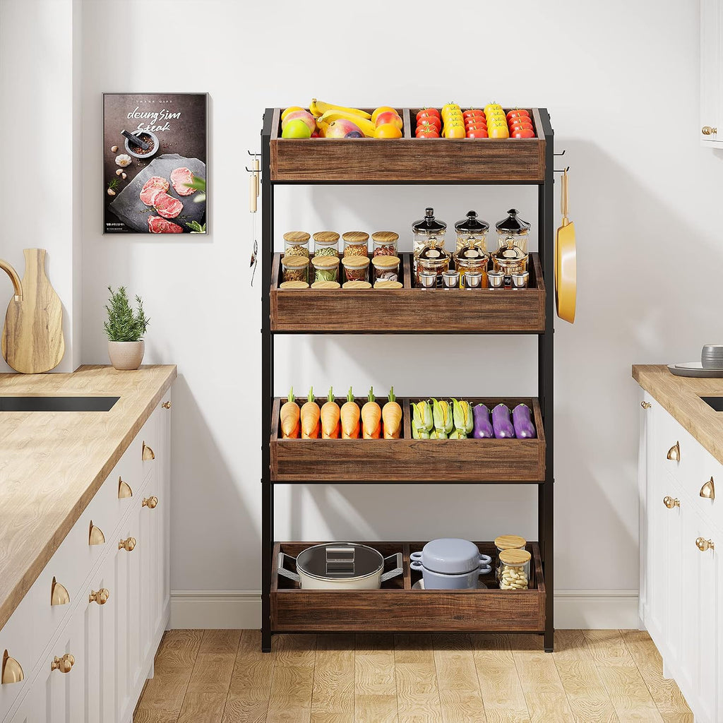 Tribesigns Wood Fruit and Vegetable Basket Stand Rack for Kitchen, Office, Store, Supremarket, Pantry Shelf Unit for Snacks, 4-Tier Wooden Utility Storage Shelves (Brown+Black)