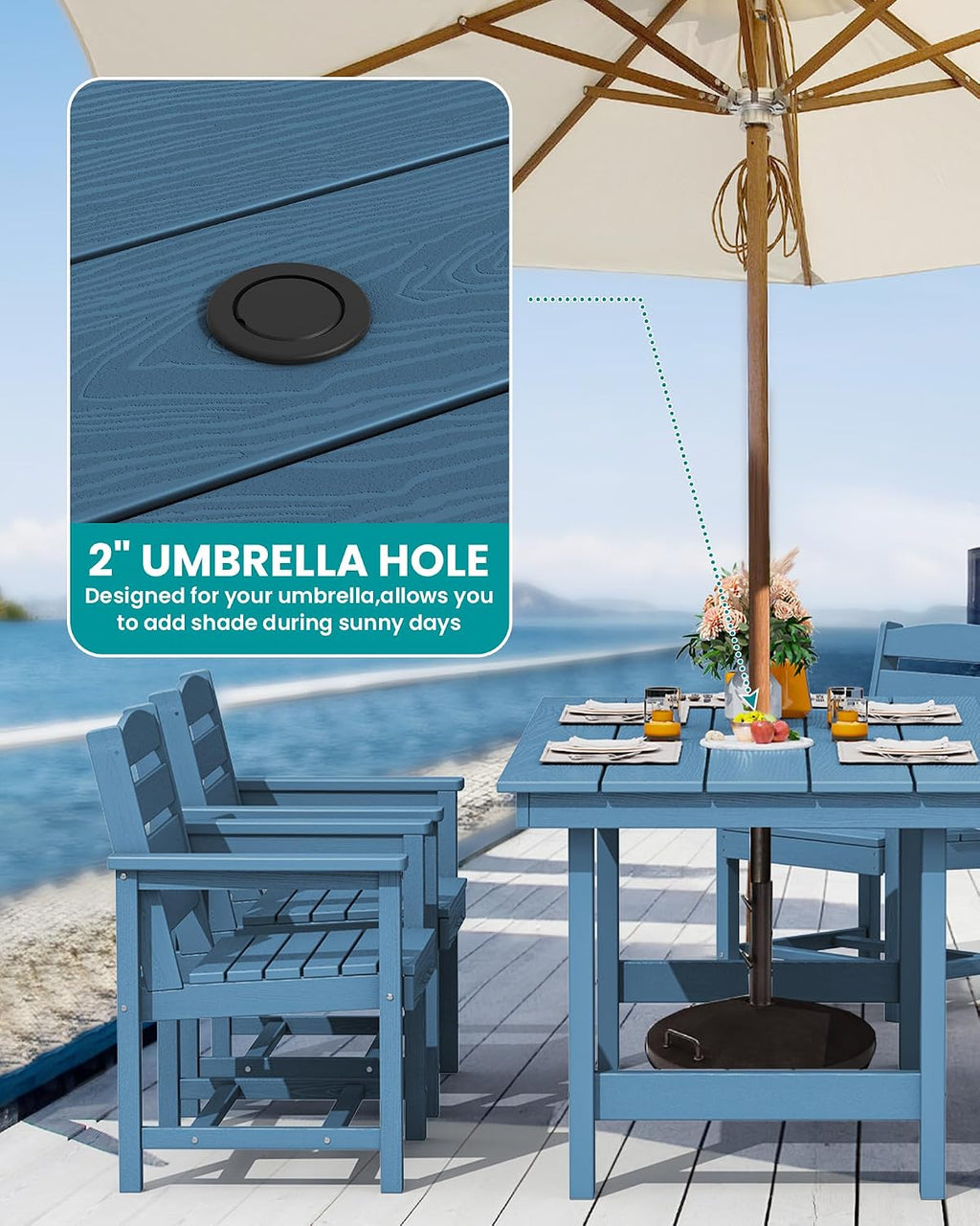 SERWALL Patio Dining Table and Bench Set for 6, Blue