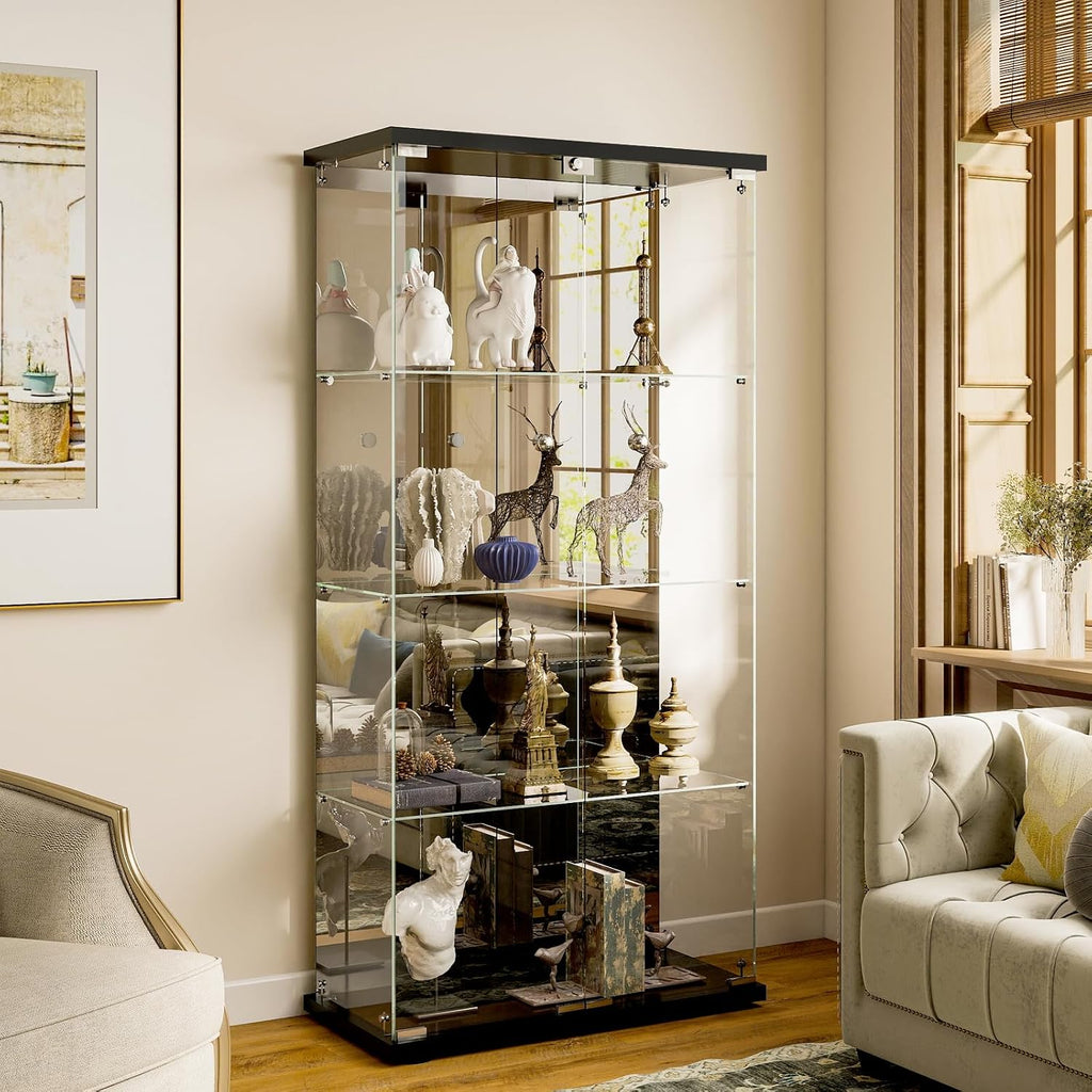 Mirrored Glass Display Cabinet with Lock, 4-Shelf Tempered Glass Curio Cabinet with 2 Doors, Collectible Display Showcase for Living Room, Bedroom – Black
