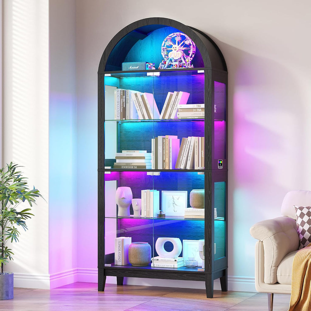 HNEBC Arched Book Shelf with Glass Doors, LED Bookcase with RGB Lights, 5 Tier Cabinet Has 9-Cube Storage, 69' Display Cabinet for Music-Synced Lighting Living Room,Bedroom(Black)