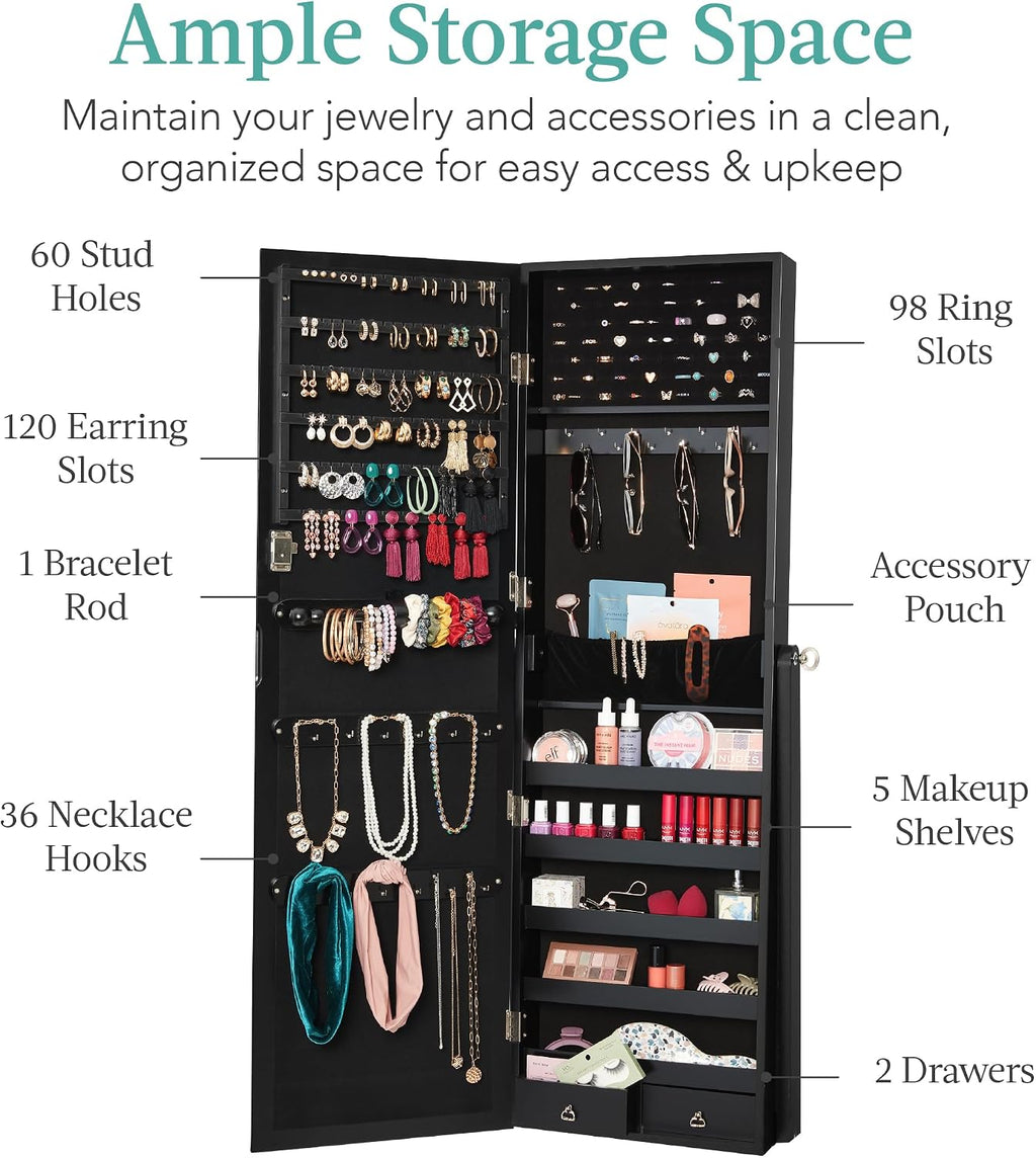 Best Choice Products Freestanding Jewelry Armoire Cabinet, Full Length Standing Mirror, Lockable Makeup Storage Organizer, w/Velvet Lining, 3 Angles, Lock, Accessory Pouch, 5 Shelves - Black