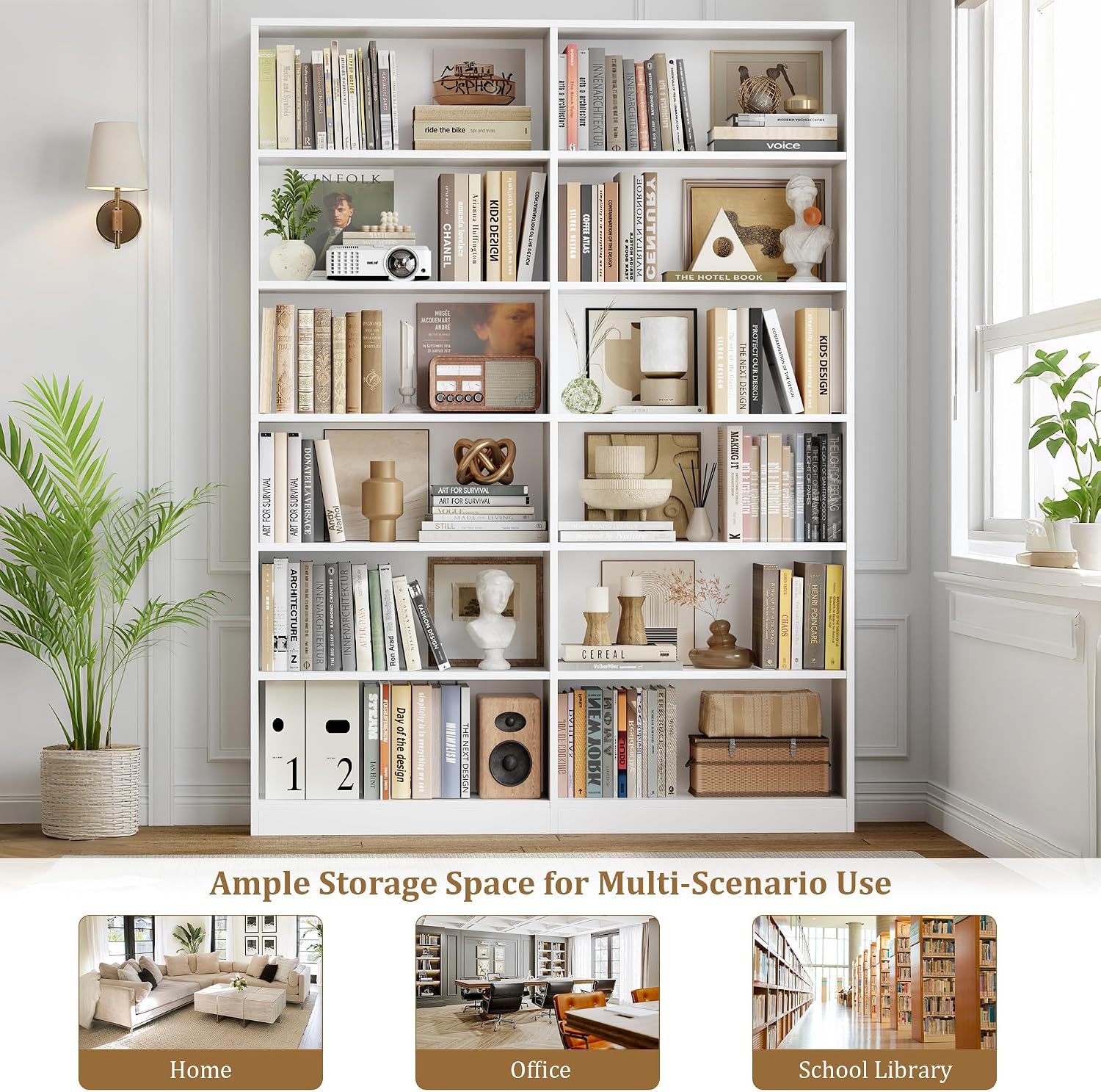 FACBOTALL Bookshelf and Bookcase, 6-Tier Double Wide Bookshelves,Freestanding Display Storage Shelves, Tall Bookcases for Home Decor Bedroom, Living Room, Home Office,White