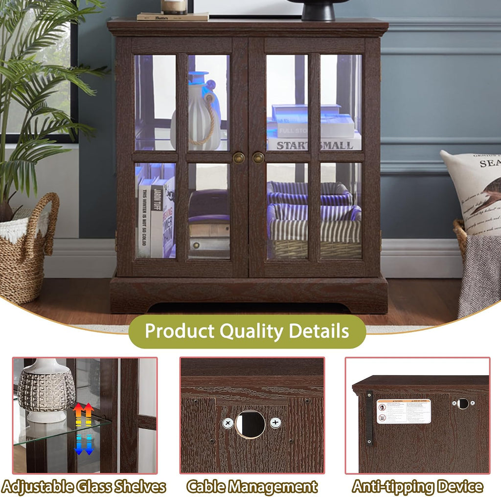 30' Glass Curio Display Storage Cabinet with LED Light, Modern 2 Lattice Doors Tableware Display Sideboard w/Adjustable Shelves, Retro Design Quality Showcase Bookcase for Home (Cherry)
