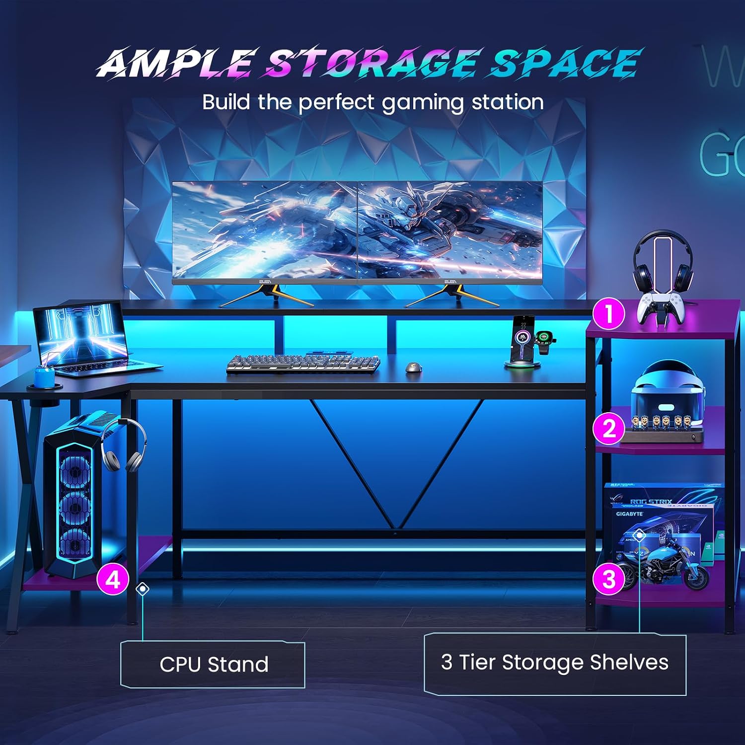 SEDETA Gaming Desk 70.8'' with LED Lights and Storage Shelves, Computer Desk with Monitor Stand, Power Outlets and Cup Holder, Large PC Gamer Desk, Gaming Table for Bedroom, Living Room, Black