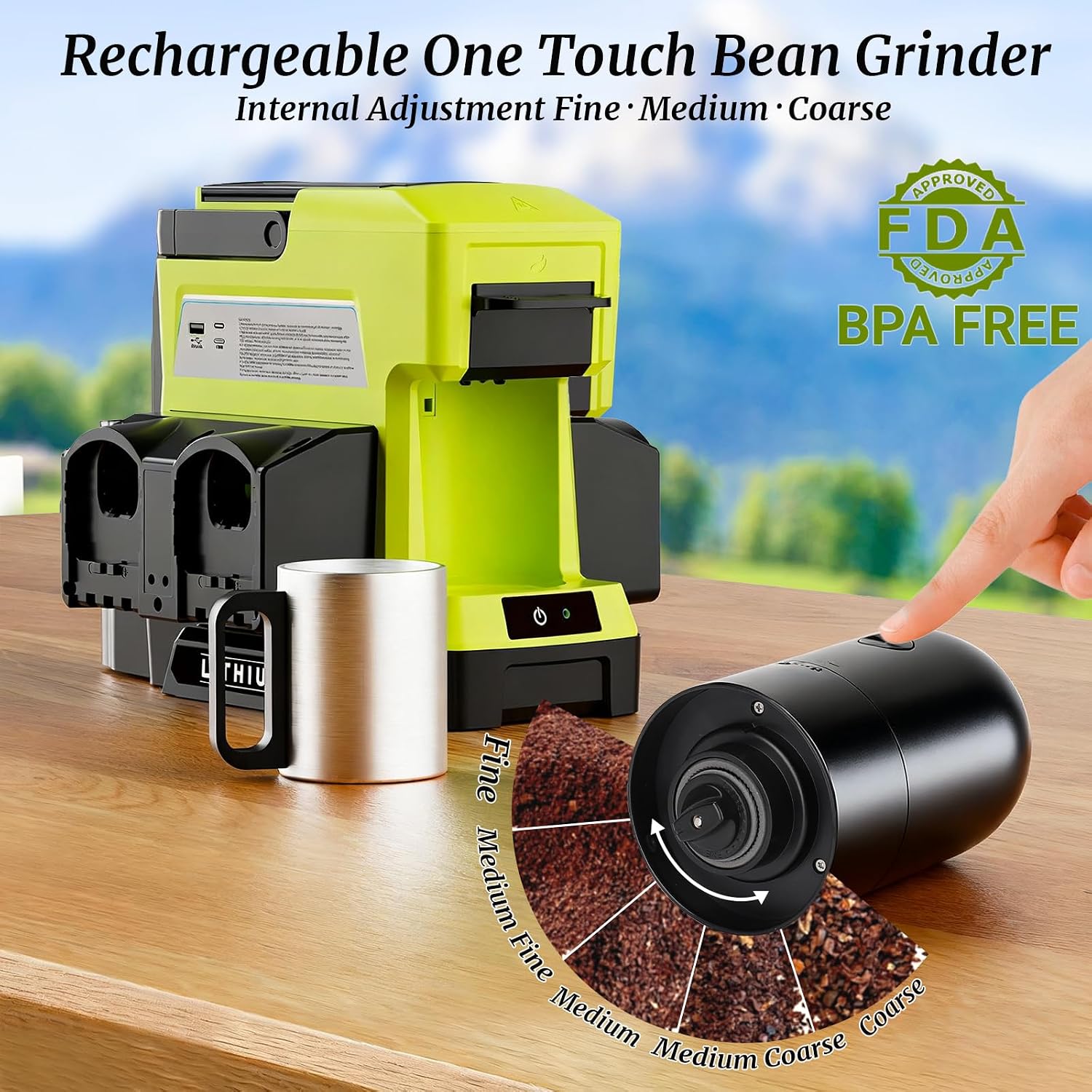 Cordless Coffee Maker for Ryobi 18V Battery, 3 Brewing Options Drip Coffee Maker with Coffee Grinder, Portable Single Serve Coffee Makers for Camping, Travel, and Jobsite. (Tool Only)