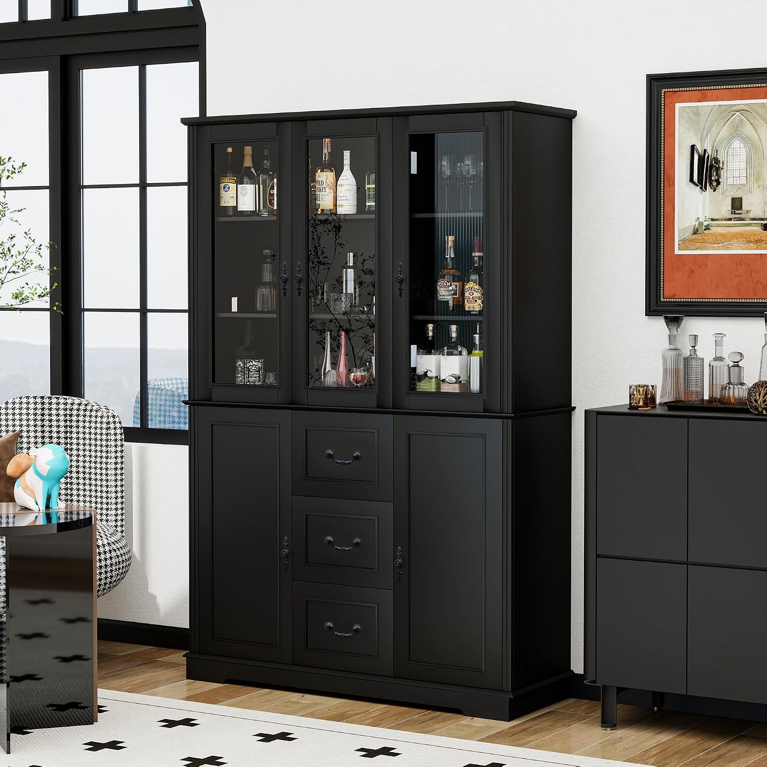 70.9' Tall Bookcase Display Storage Cabinet Hutch with Glass Doors & Drawers - Curio Display Bookshelf Kitchen Pantry for Home, Kitchen, Living Room.
