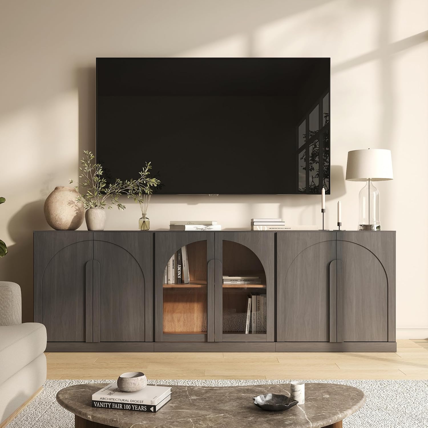 BELLEZE Modular 3-Piece Set Storage Cabinet, 2 Arched Wood Accent Cabinet and Display Glass Door Storage with Adjustable Shelf, Freely Configurable Sideboard for Living Room Kitchen, Ebony