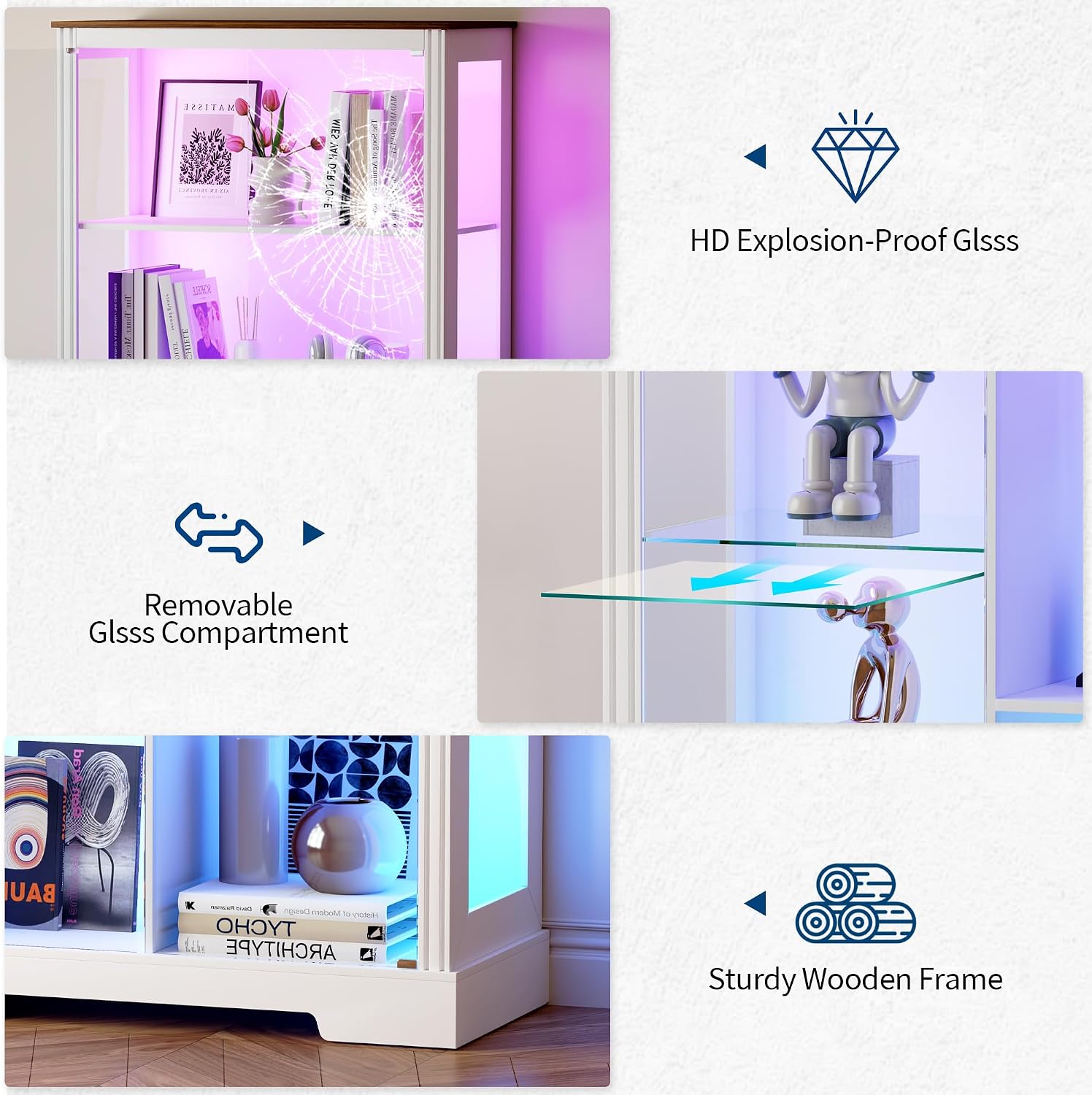 HNEBC Glass Display Cabinet with RGB Lights, 71'' Curio Cabinet with Glass Doors, 5-Tier Display Cases and Human Sensor, Bookcases for Collectibles, Books,Toys, White