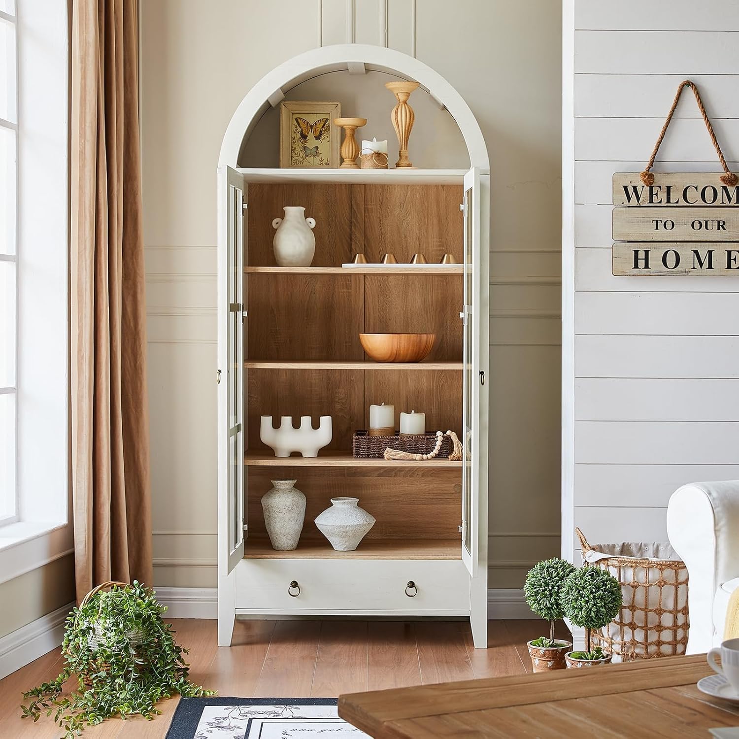 RowyPoey Farmhouse Arched Cabinet with Glass Doors, Wood Display Cabinet with Drawer and Adjustable Shelves, 71' Tall Bookshelf Modern Storage Kitchen Pantry for Living Room,Office (Antique White)