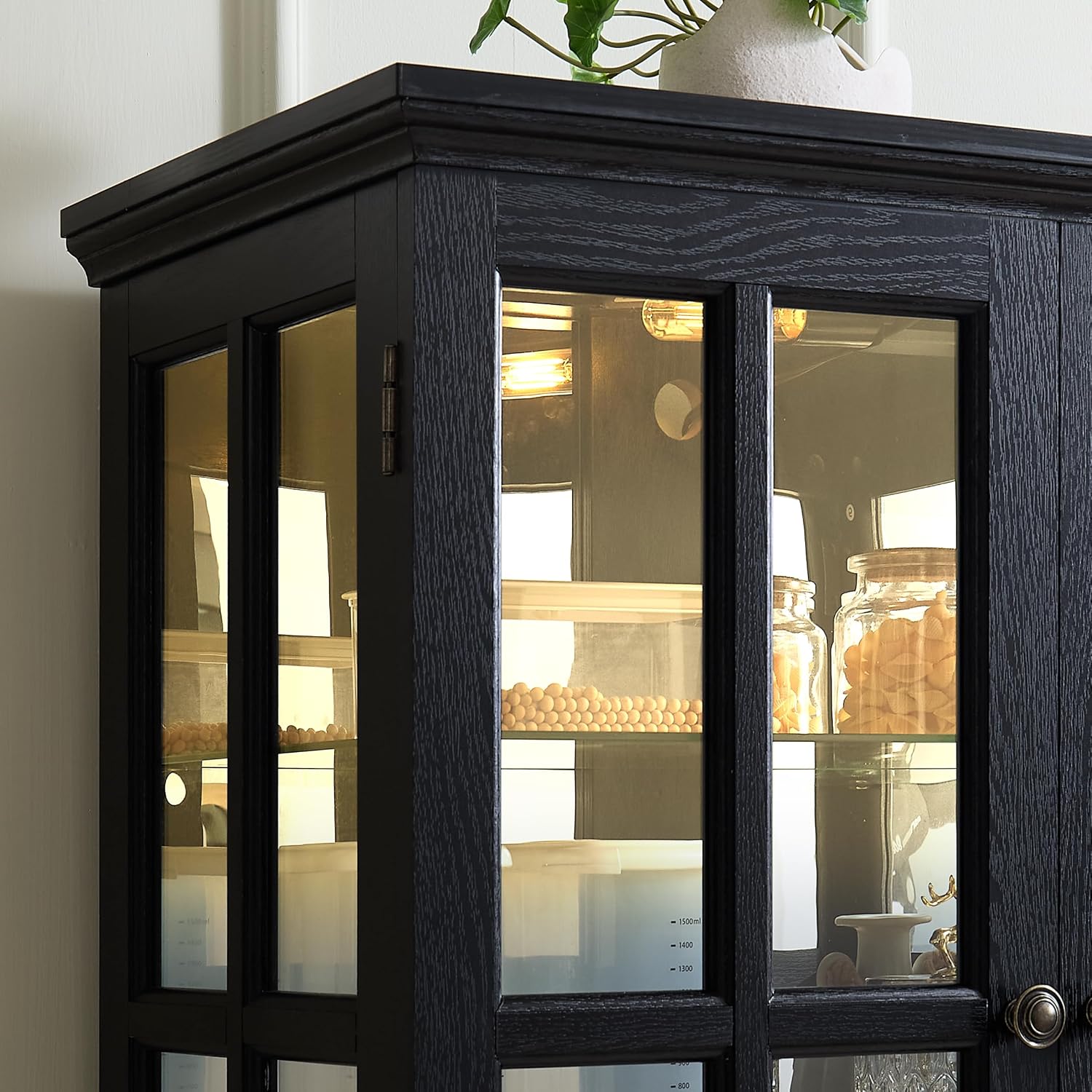 68' H Glass Curio Display Cabinet with Light, 6-Tier Wooden Storage Showcase w/ 4 Glass Doors & Adjustable Shelves, Vintage Accent Cabinet w/Mirrored Back Pane for Home & Office (Black)
