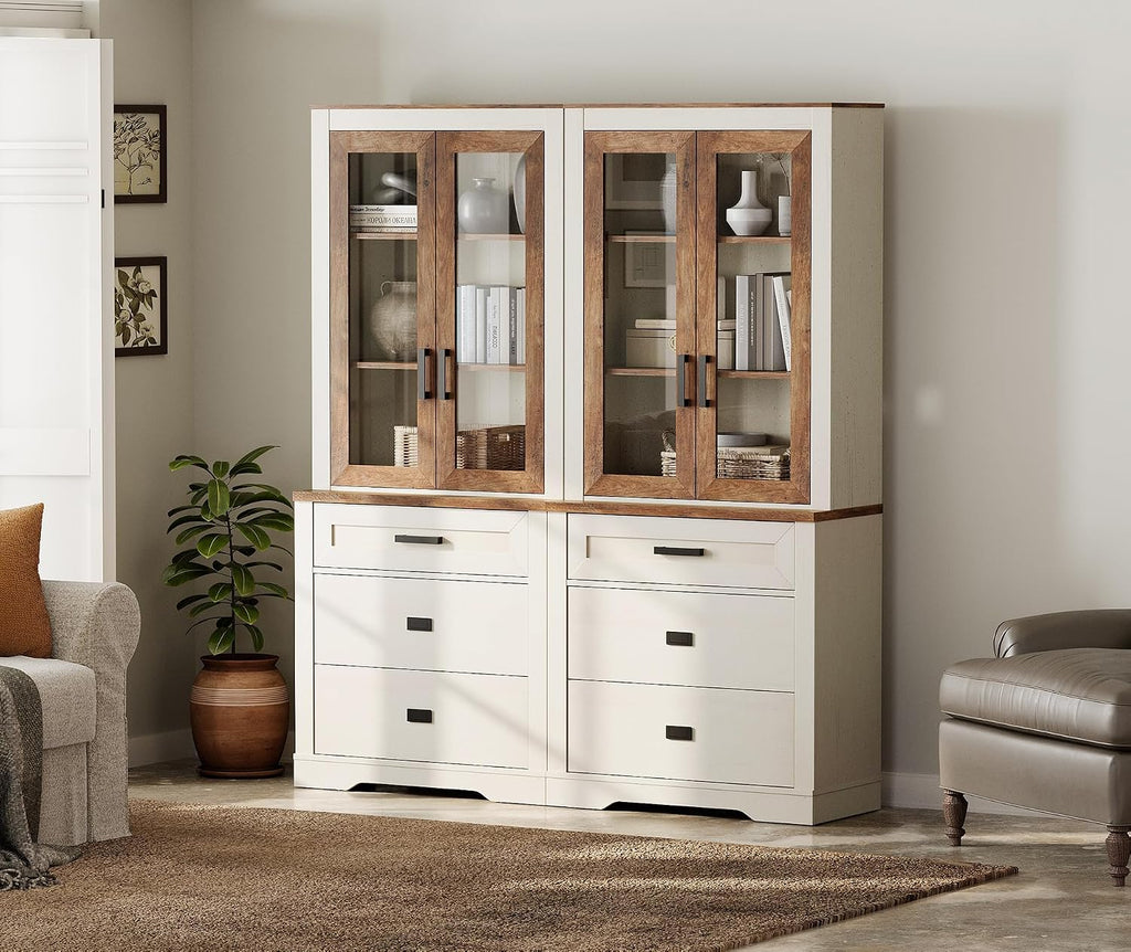 WAMPAT 2 Column 73.3' Tall Bookcase with Glass Door, 63' Wide Rustic Wood Bookshelves with Chest of Drawers, Modern Farmhouse Display Storage Cabinet with Adjustable Shelves for Home,Office,White&Oak