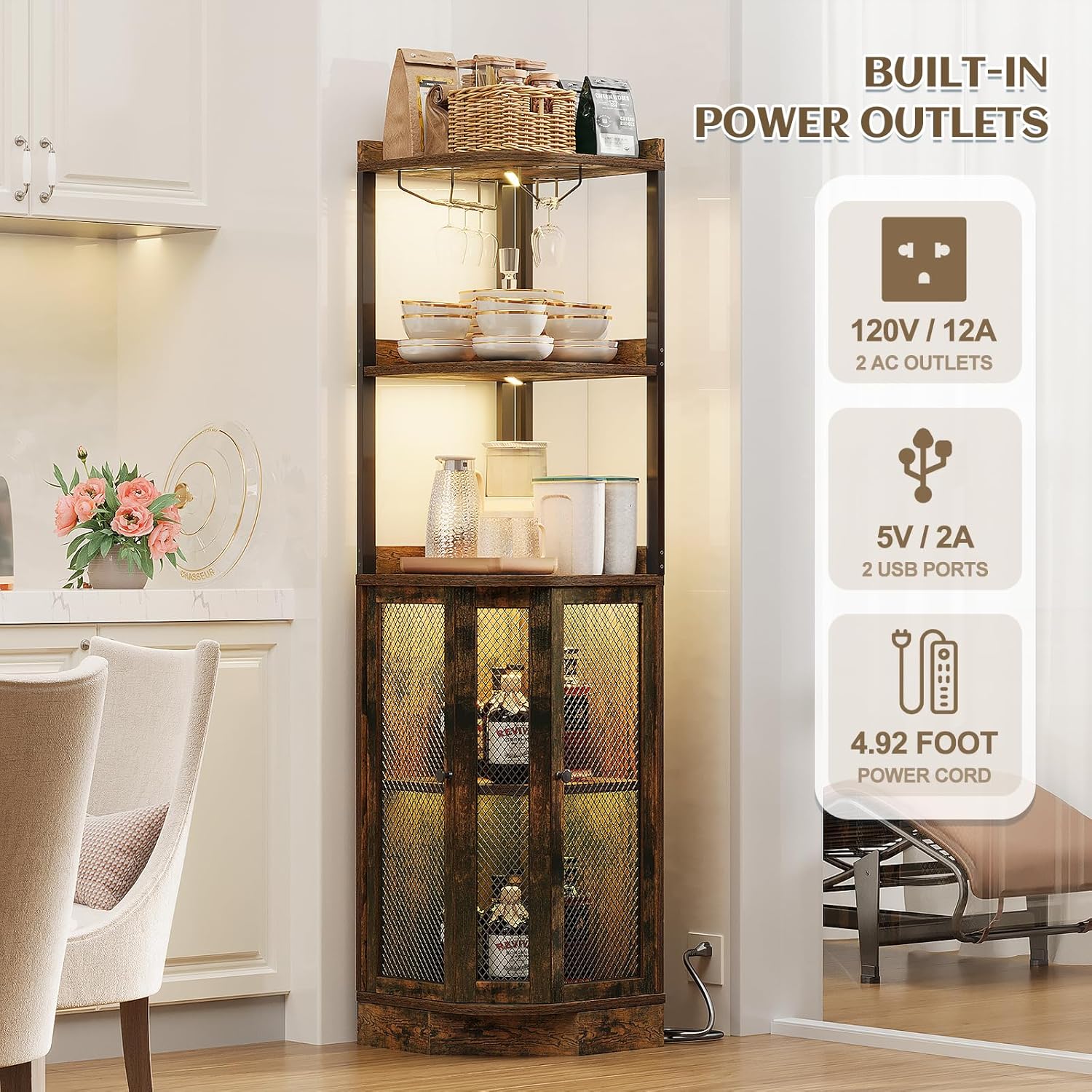 EOYUTLLY Corner Bar Cabinet with Power Outlet and LED Strip, 65' H 5-Tier Corner Liquor Wine Display Cabinet for Home, Storage Solution for Living Room, Kitchen, Home Bar, Brown
