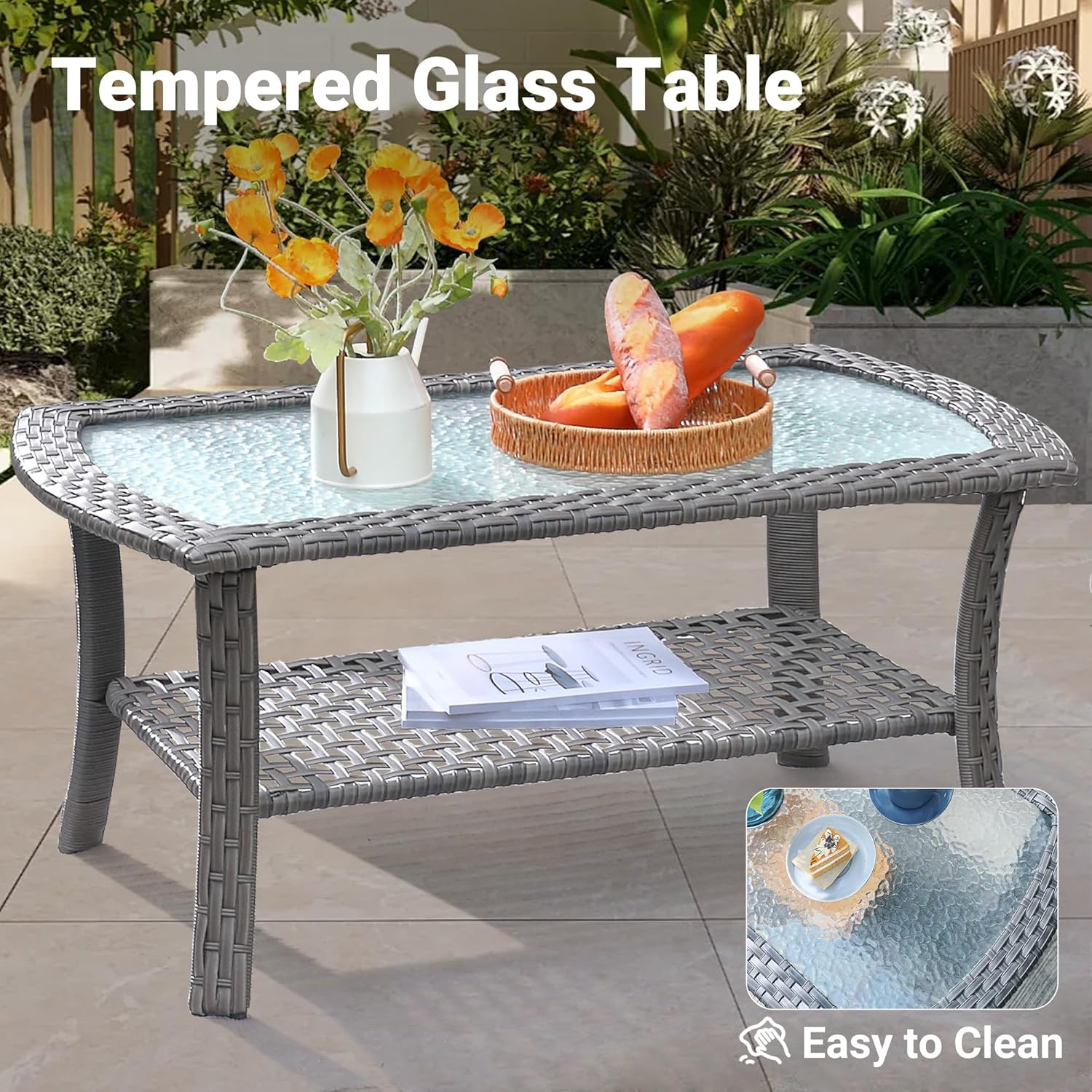 ovios 4-Piece Patio Furniture Set, Outdoor Wicker Sofa with Chairs Coffee Table, High Back Rattan Couch Loveseat with Comfy Cushions for Porch Yard Deck, Denim Blue