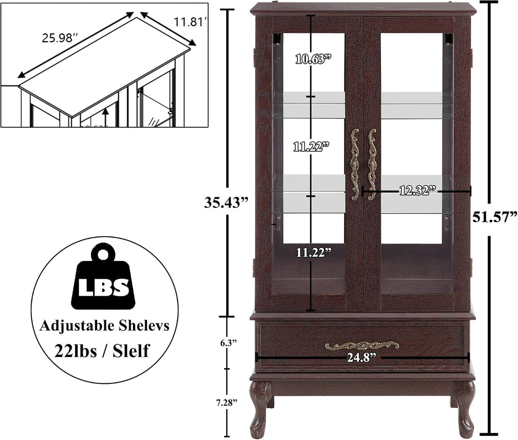 51' H Lighted Curio Cabinet Display Case, Glass Curio Cabinet with Adjustable Shelves,Tempered Glass Door and Drawer, Wooden Cabinets w/Mirrored Back Pane for Living Room (Dark Cherry)
