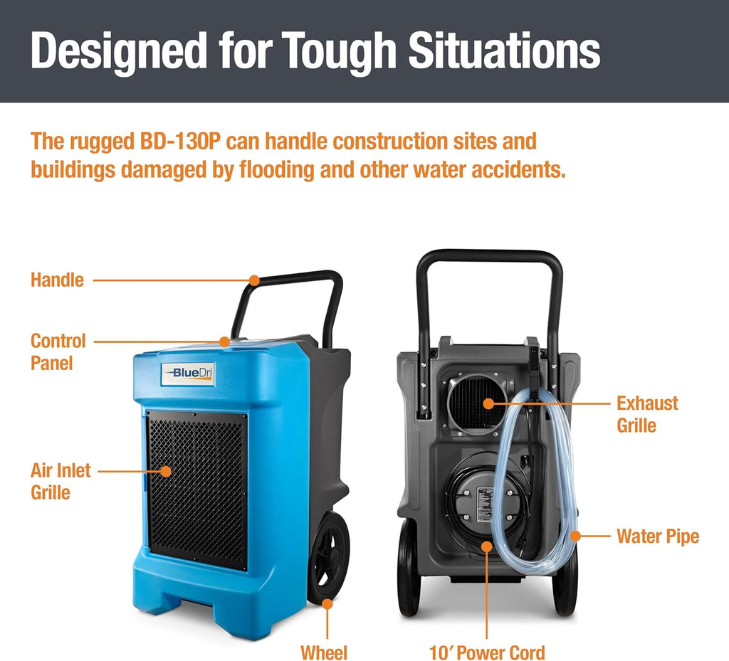 BlueDri BD-BD-130-BL Industrial Commercial Dehumidifier with Hose for Basements in Homes and Job Sites, Blue