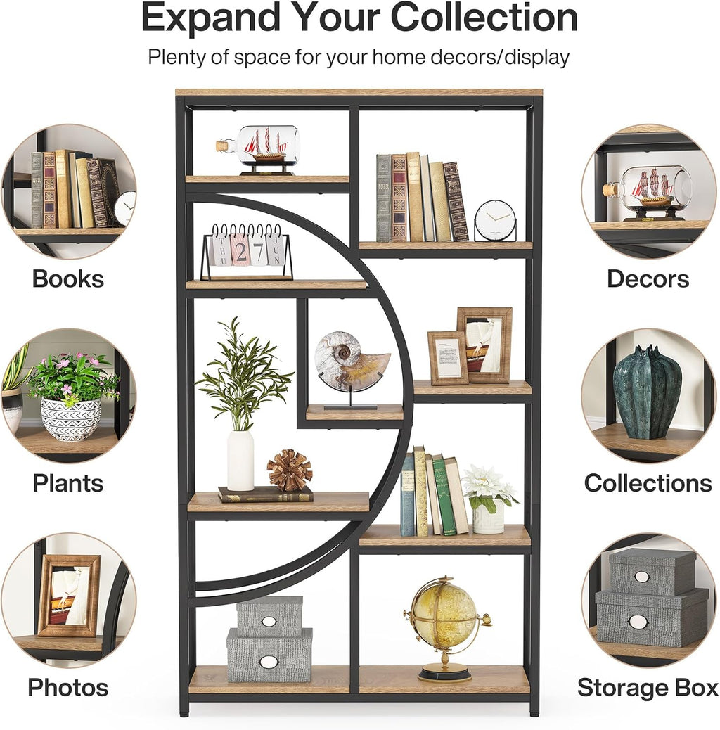 Tribesigns Bookshelf Industrial 5 Tier Etagere Bookcase, Freestanding Tall Bookshelves Display Shelf Storage Organizer with 9-Open Storage Shelf for Living Room, Bedroom (Light Oak)