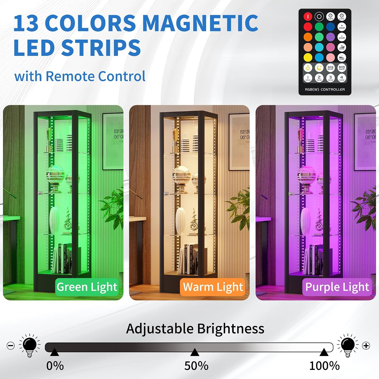 Glass Display Cabinet with 13-Color Light, 63' 4-Tier Curio Cabinet with Glass Door & Lock, Lighted Display Case with Adjustable Shelves for Collectibles Figures Trophy (Black)