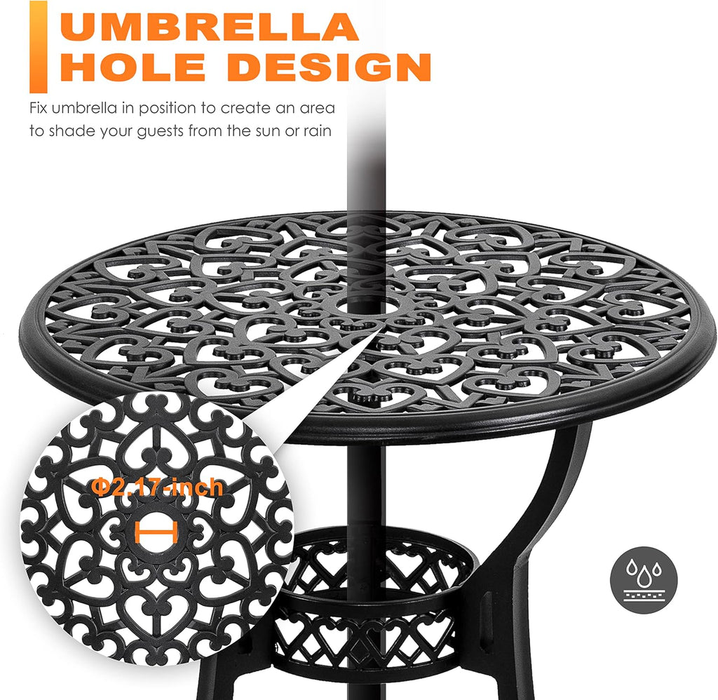 NUU GARDEN 3-Piece Outdoor Bistro Set, Cast Aluminum Patio Bistro Table and Chairs with Umbrella Hole and Grey Cushions, Bistro Set for Patio and Backyard, Black