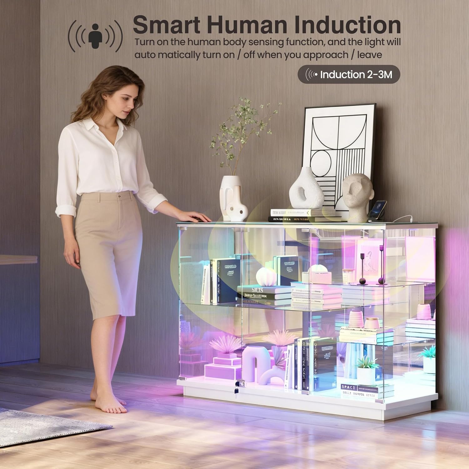 Lvifur RGB High Gloss Display Cabinet - with Lock, Curio Cabinet with Human Body Sensor & Glass Shelves for Toys, Books, Collectibles, Liquor, Bookcase for Living Room, Kitchen, Study, White