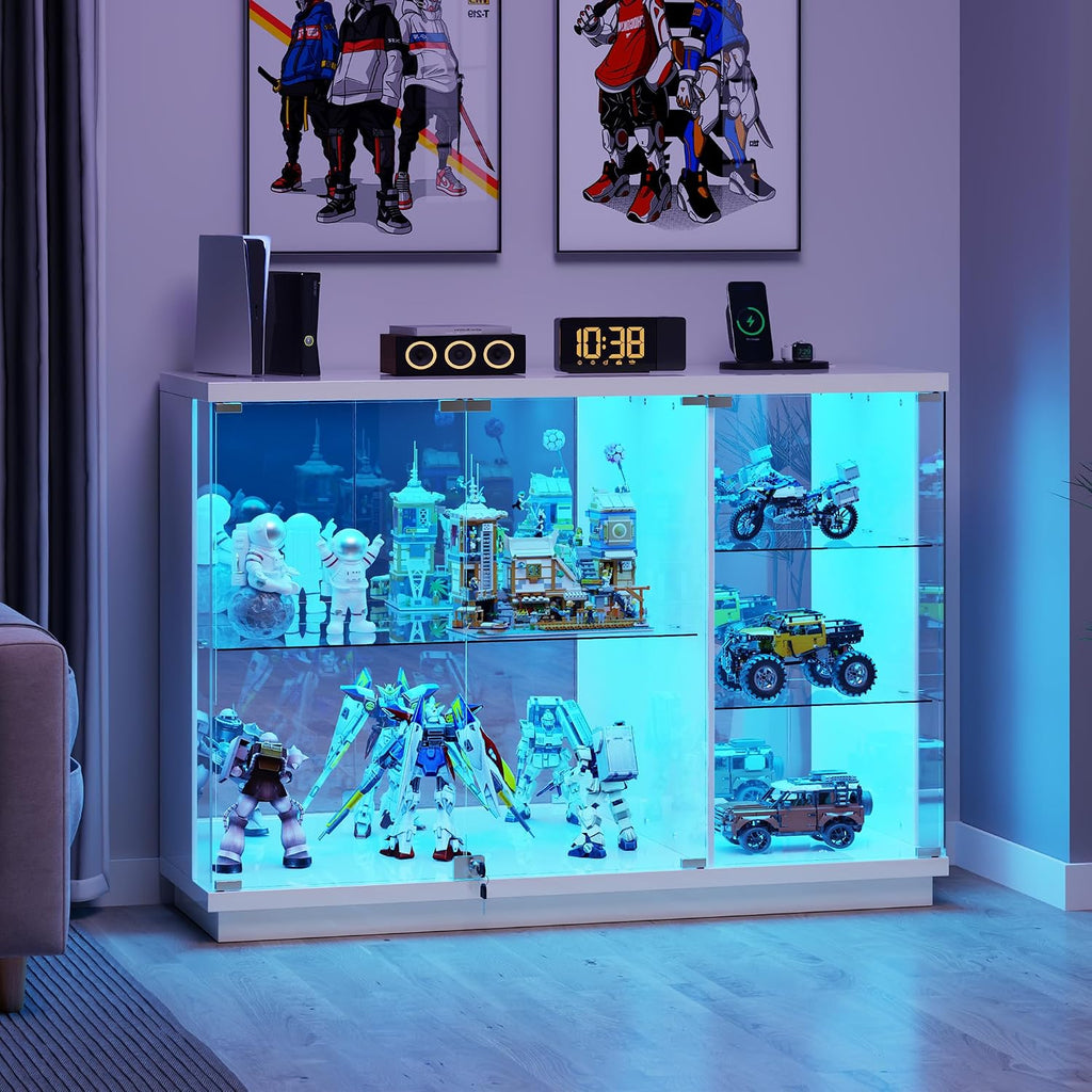HNEBC Display Curio Cabinet - with Glass Door,47.2' W Lockable Glass Display Cabinet with LED Lights for Collectibles,5-Tier Lighted Display Case with Motion Sensor,Living Room,White