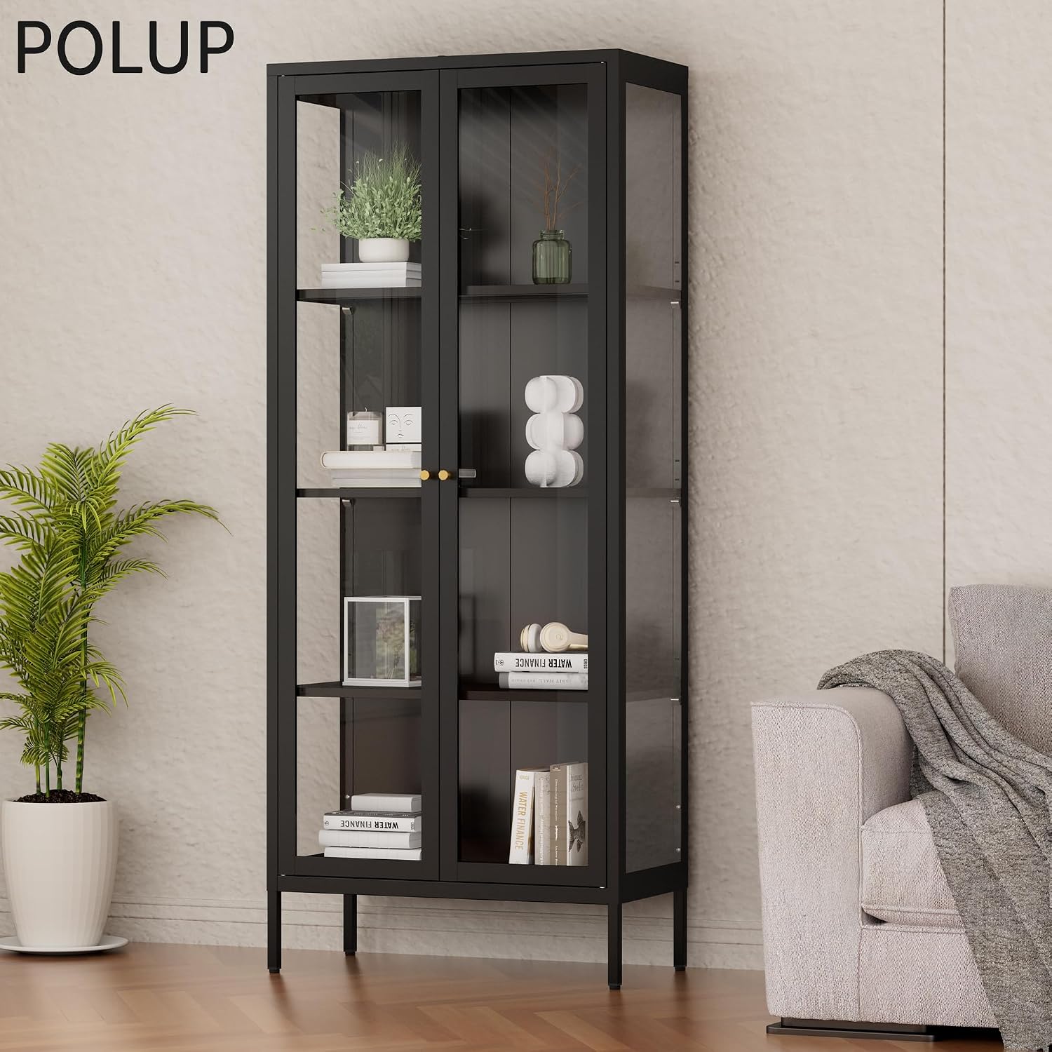 Polup Display Cabinet with 3 Side Tempered Glass, 66' Tall Curio Cabinet with Glass Doors, Black Display Case for Collectibles, Metal Storage Cabinet & Bookcase for Living Room, Assemble Required
