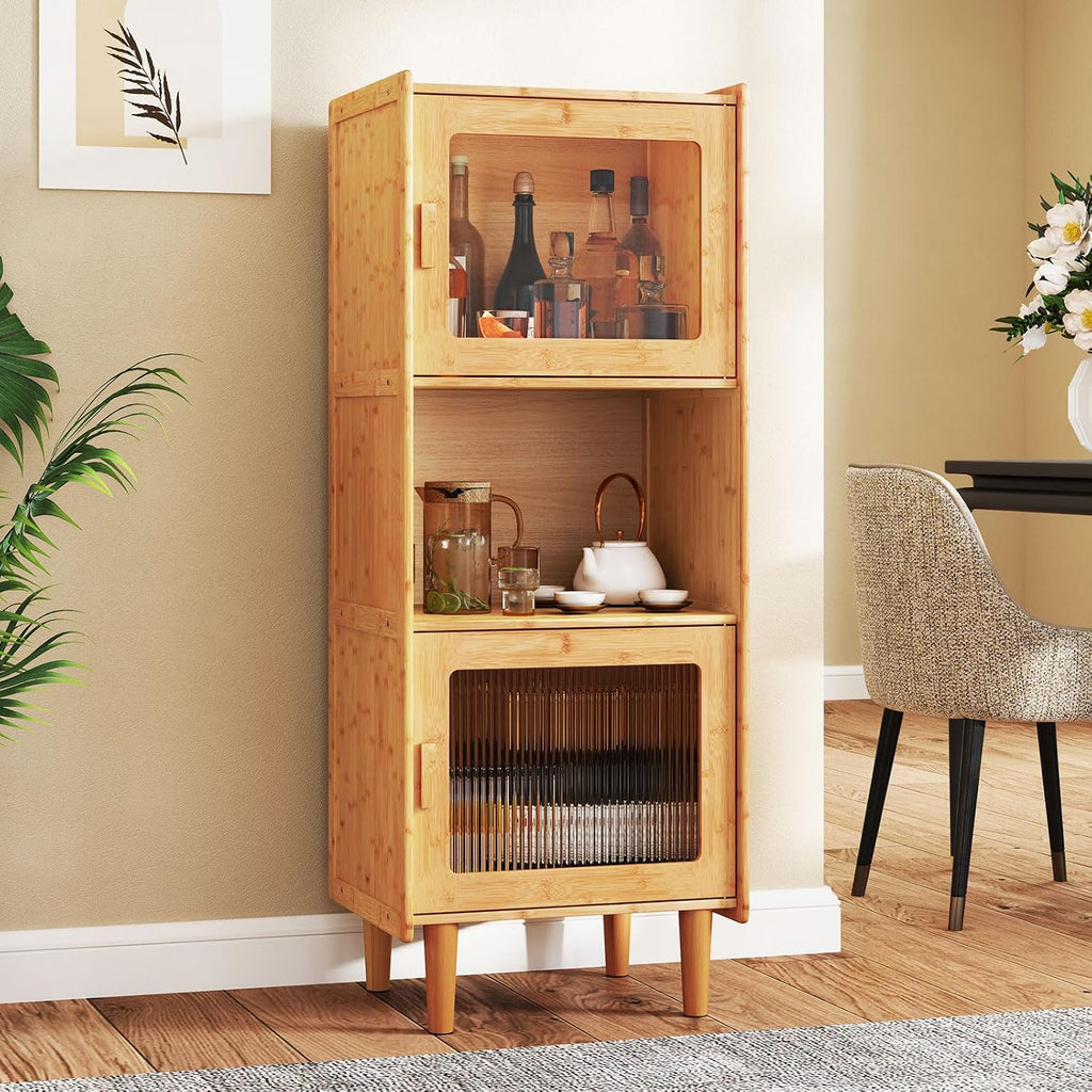 Giantex Set of 2 Bamboo Storage Cabinet, 3-Cube Bookcase, Freestanding Liquor Display Sideboard with 2 Single Doors, Corner Organizer for Living Room, Kitchen, Bathroom