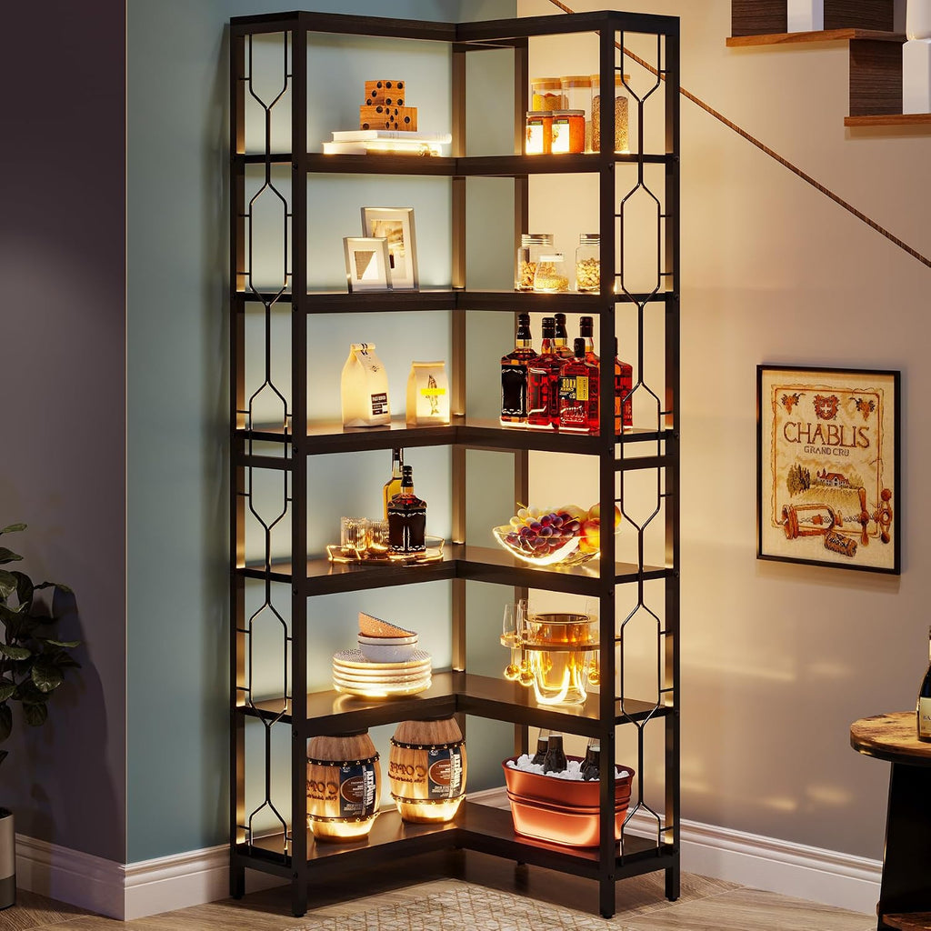 Tribesigns Corner Shelf, 7-Tier Industrial Corner Bookshelf, Wood and Metal Corner Etagere Bookcase, Freestanding Display Shelf for Living Room, Kitchen, Home Office, Light Black