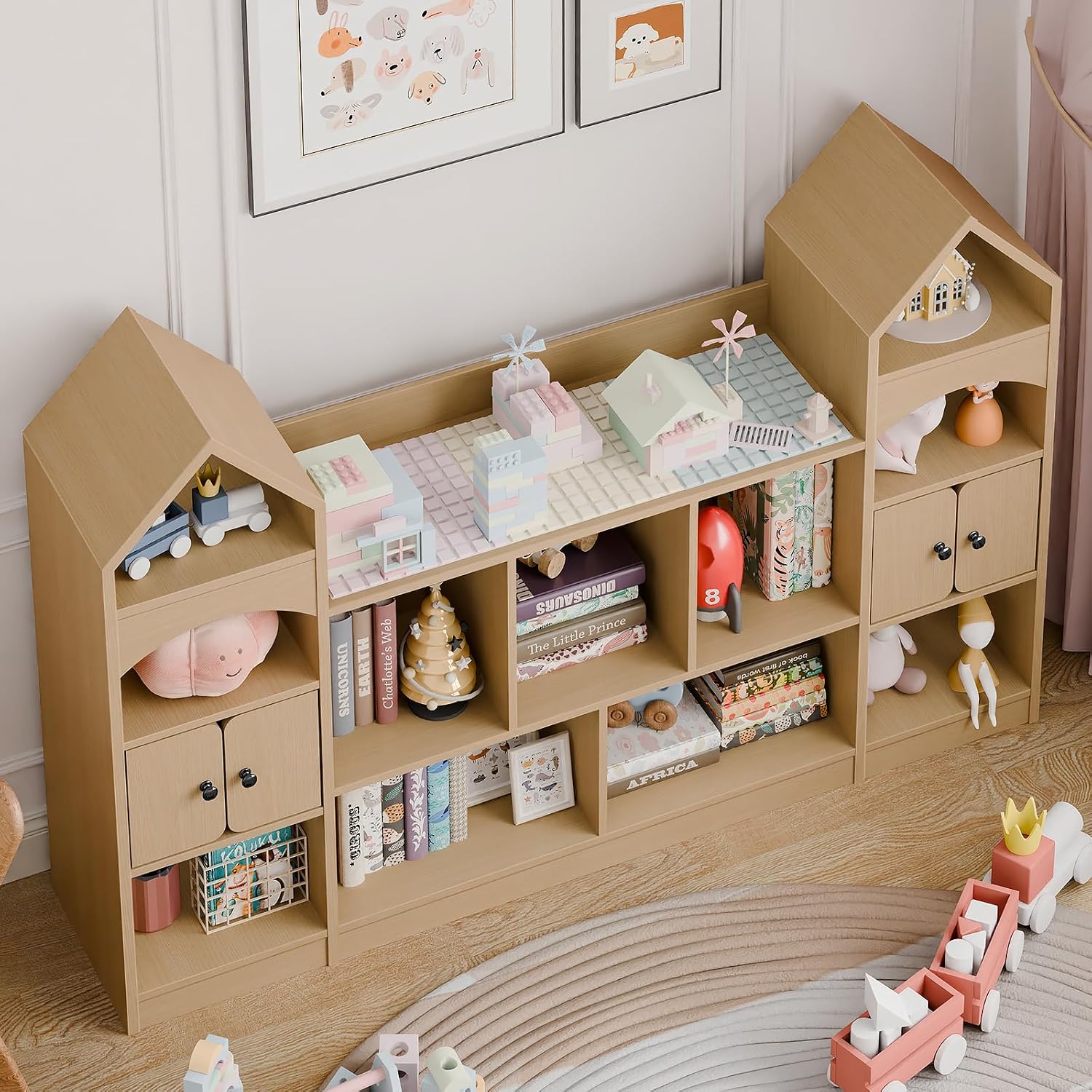 Vabches Castle Shape Children's Bookshelf, Kids Bookcase Display Case Kids Toy Storage Organizer Multifunctional Storage Cabinet Bookshelf Suitable for Playroom, Children's Room, Living Room, Oak