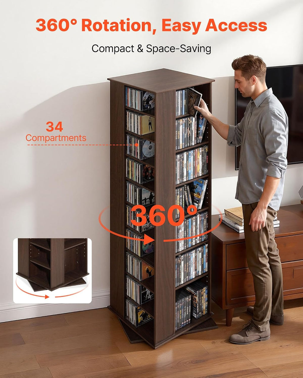 VEVOR Media Storage Cabinet, CD Rack Tower, 34 Compartments Rotating Media Tower Rack for CDs, DVDs, Books and Game Discs, DVD Stand for Living Room, Home Office and Recording Room, Brown
