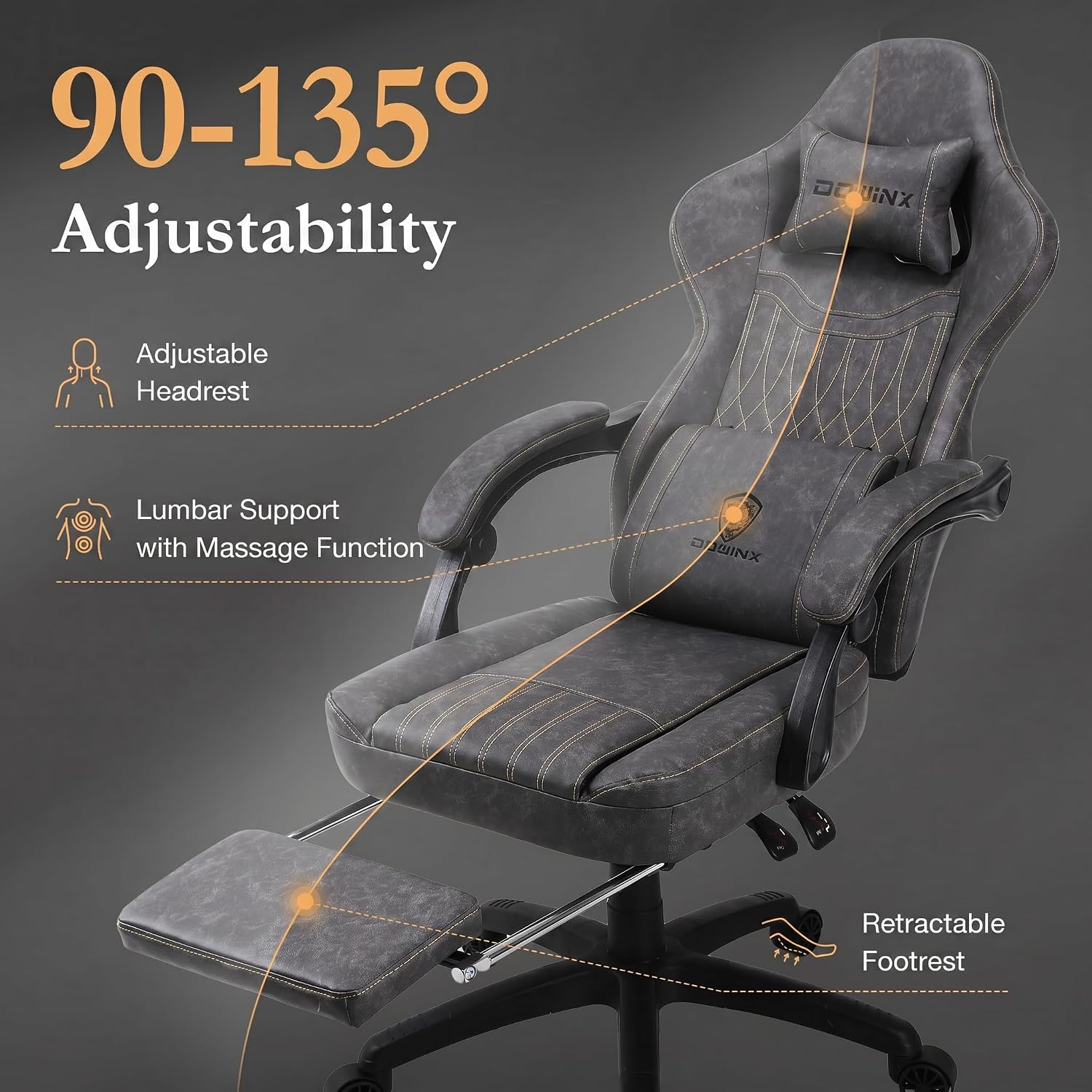 Dowinx Gaming Chair Breathable PU Leather Gamer Chair with Footrest Massage Lumbar Support, Big and Tall Ergonomic Reclining Computer Chair with Pocket Spring Cushion for Adults Teens (Grey)
