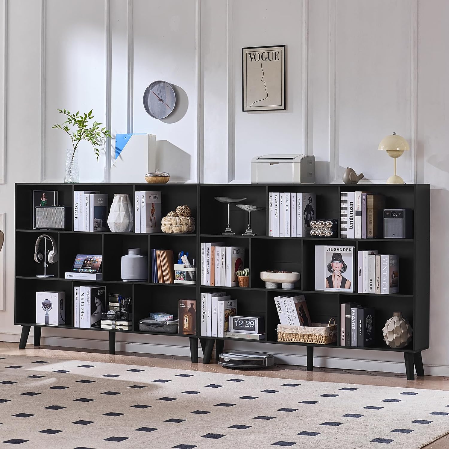 LEYAOYAO 10 Cube Bookshelf, 3 Tier Vintage 55' Wide Bookcase with Legs, Mid-Century Wood Bookshelves Storage, Black Large Book Case, Freestanding Organizer Display Shelf for Living Room, Office